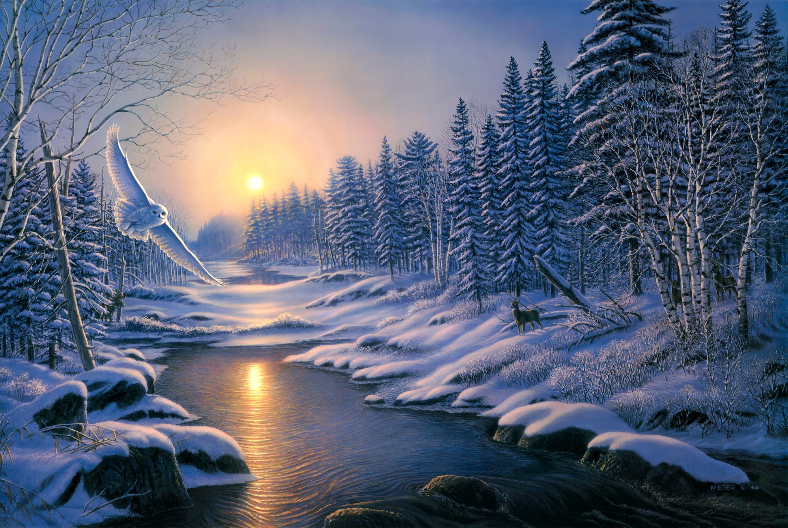 painting solstice sunset winter snow nature forest spruce birch river owl  deer wallpaper