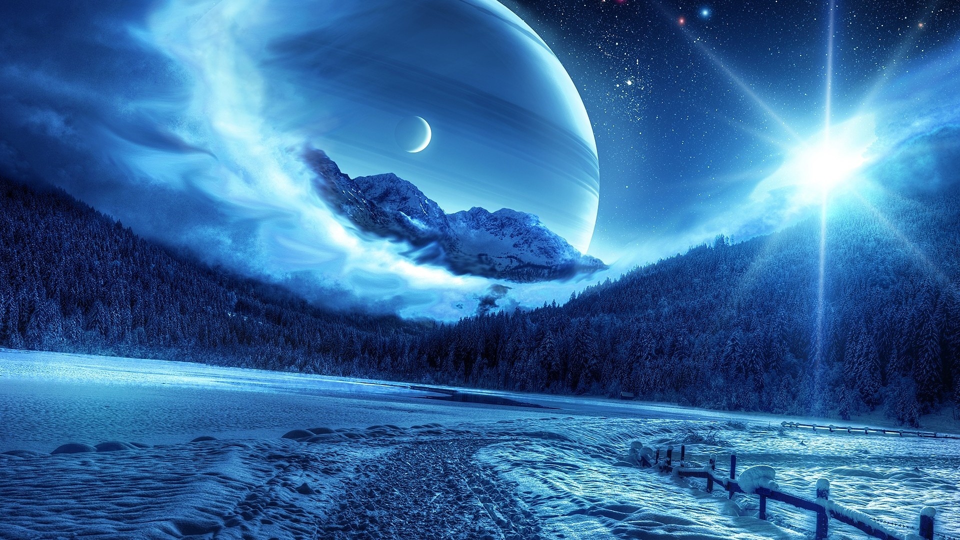 Preview wallpaper winter, night, mountains, road, planet, fantastic landscape 1920×1080
