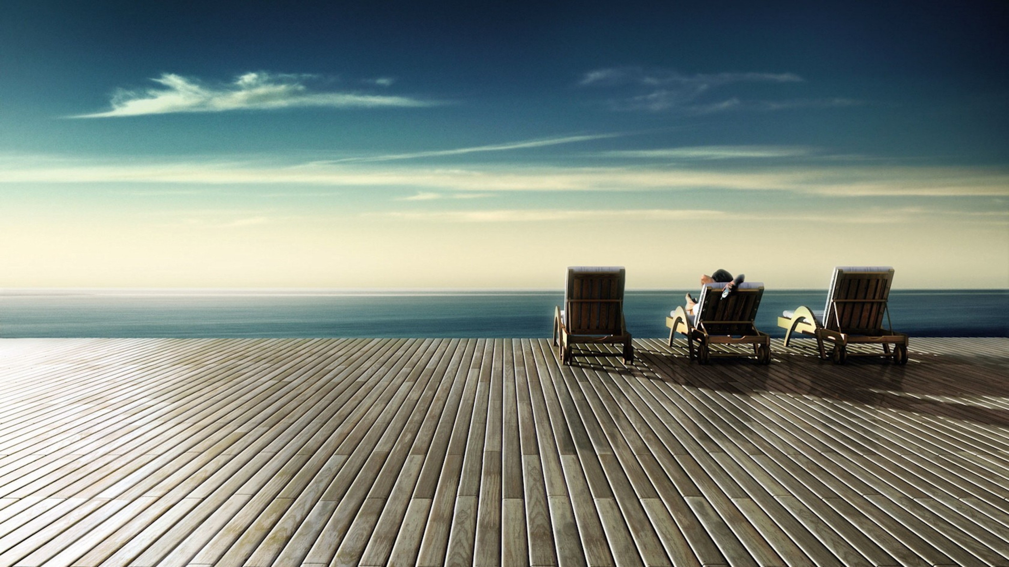 Wallpaper chairs, wood floor, rest, sky, shore
