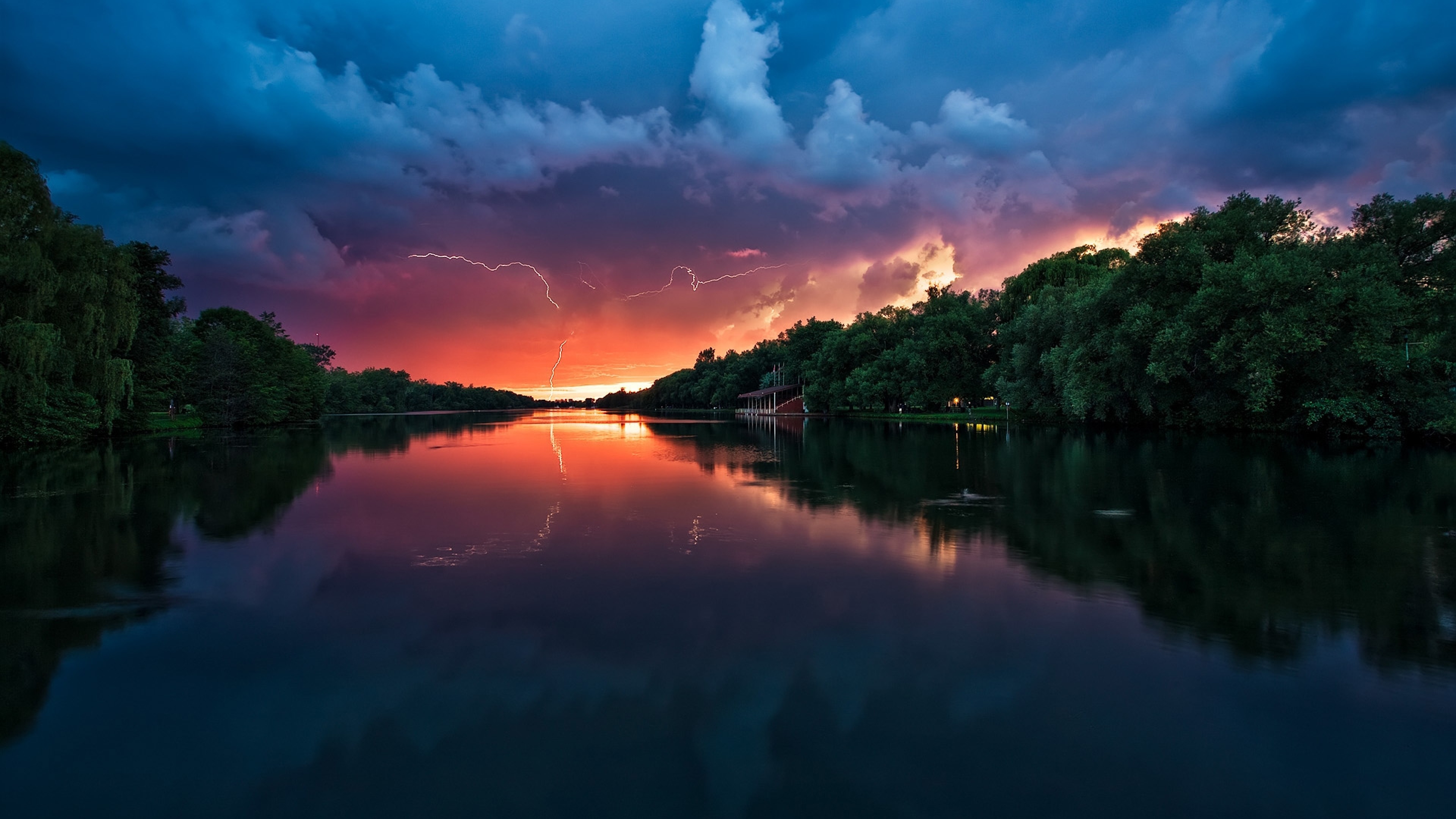 Preview wallpaper clouds, thunder-storm, river, reflection, lightning,  trees 3840×2160