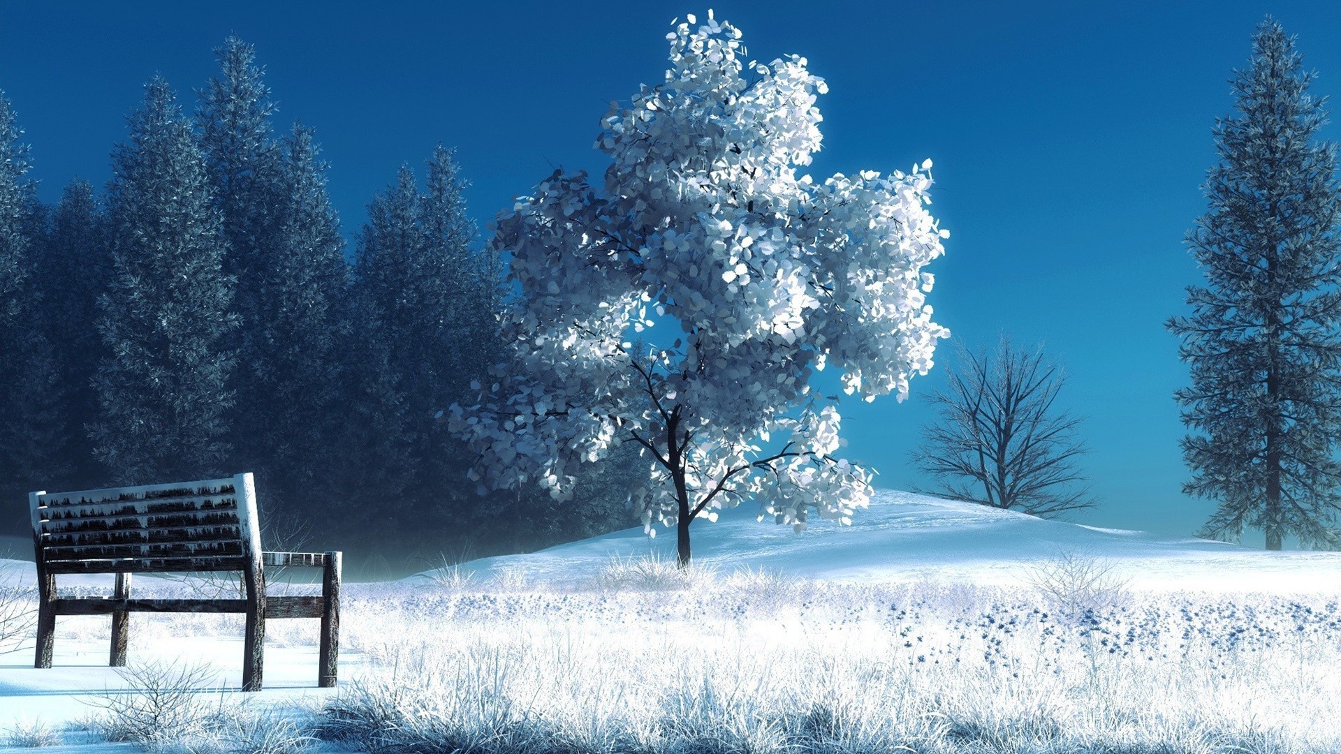 Preview wallpaper winter, landscape, nature, snow, bench, trees 1920×1080