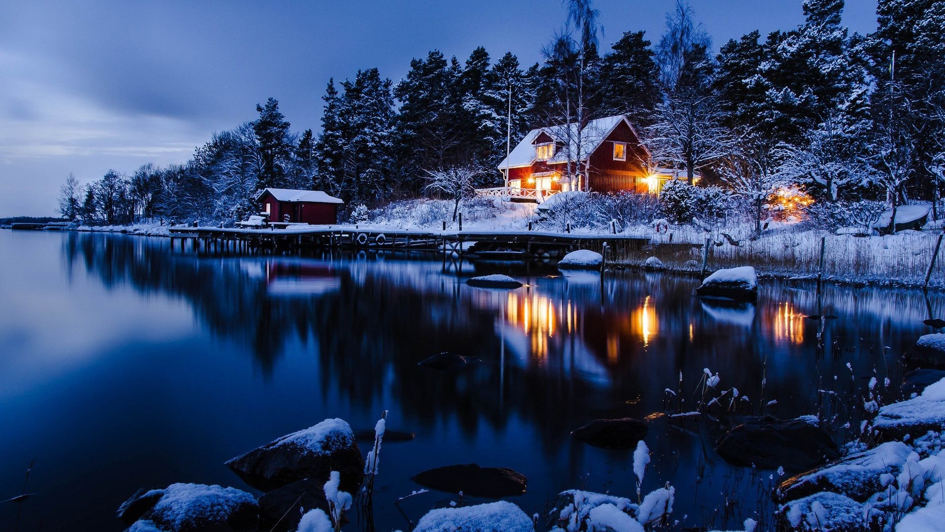 Sweden Tag – North Scene Lights Sweden Landscape Reflection Lake Forest  Winter Norway Warm House Snow