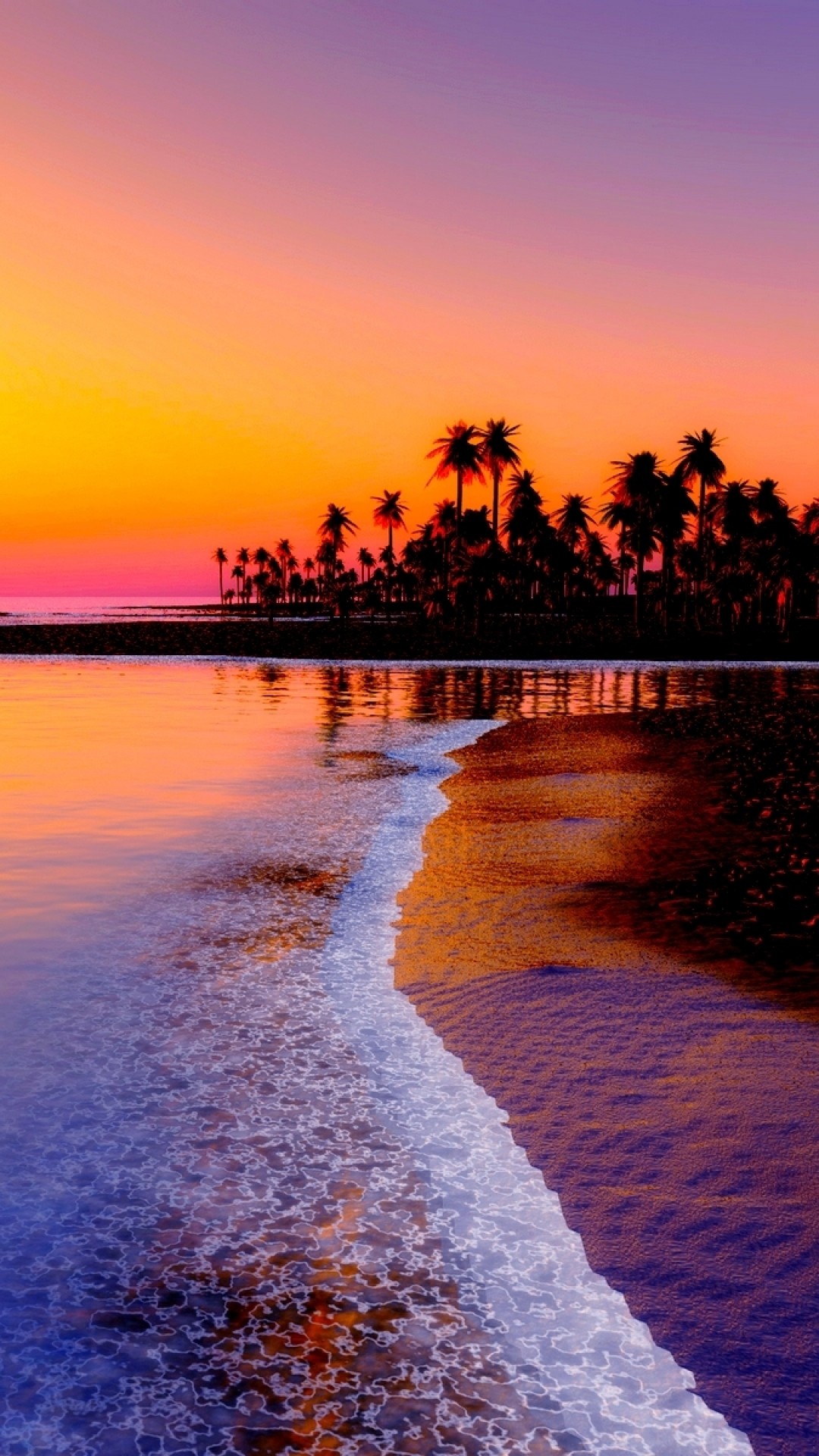 Preview wallpaper beach, tropics, sea, sand, palm trees, sunset 1080×1920
