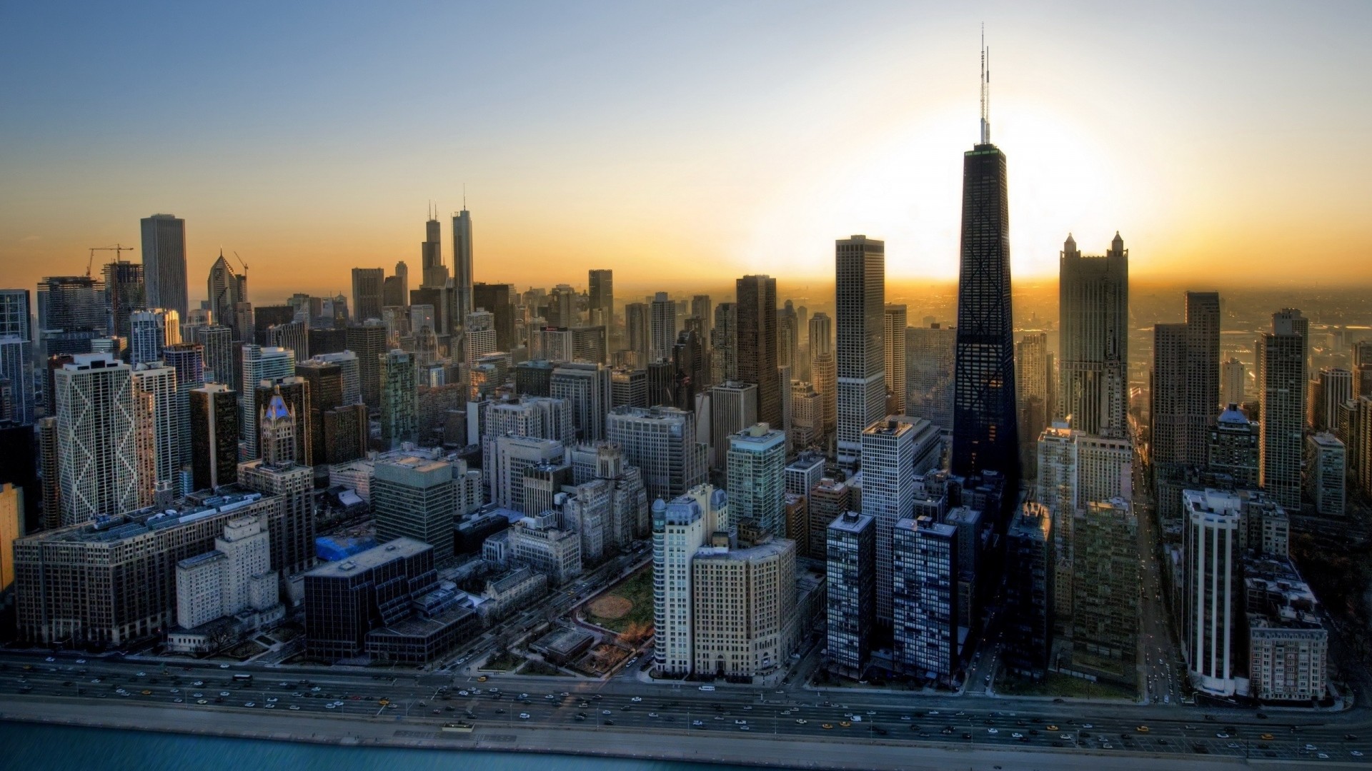 Preview wallpaper building, sunrise, chicago, skyscrapers, hdr 1920×1080