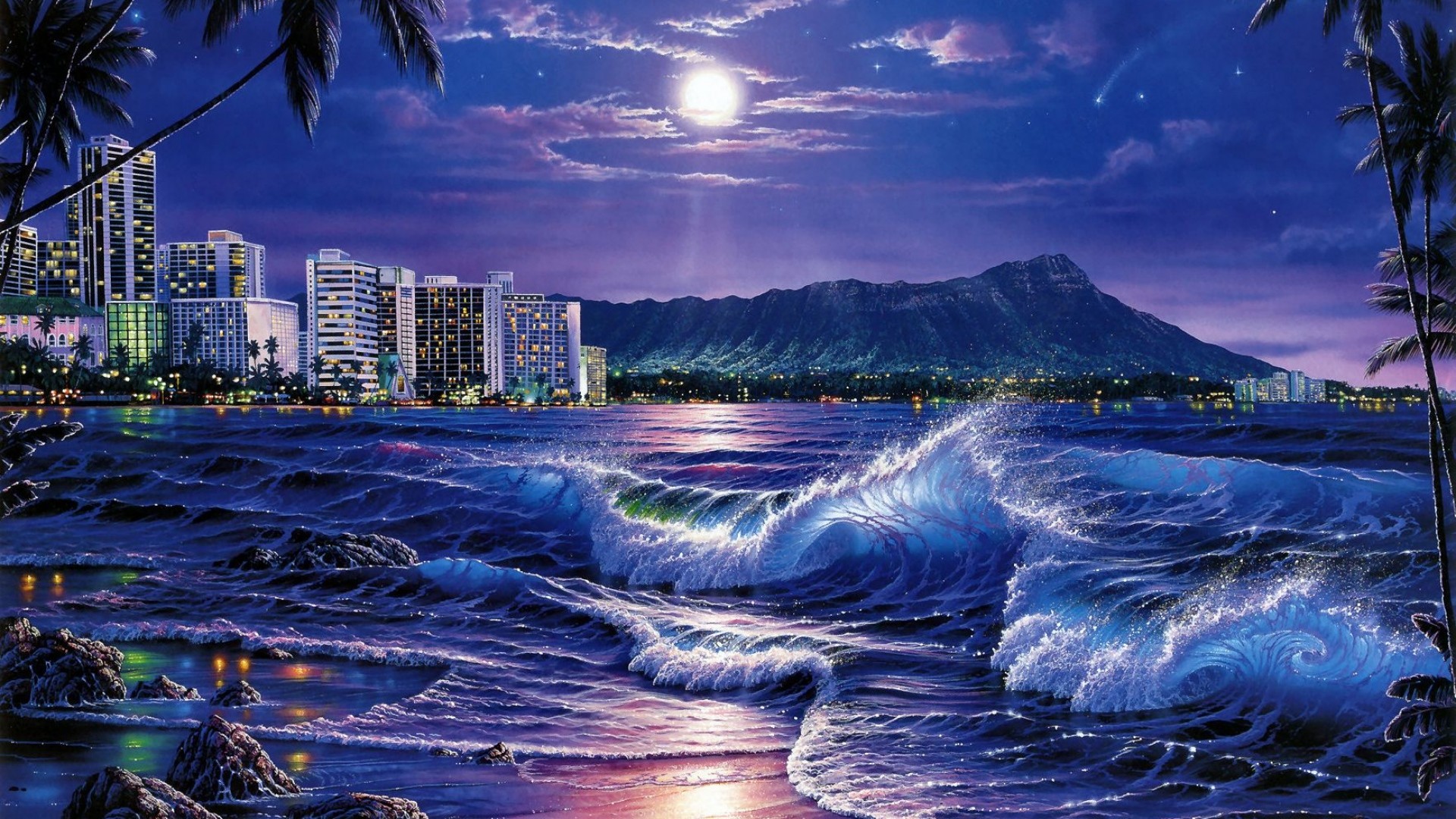 Wallpaper sea, waves, city, night, beach, moon, stars,