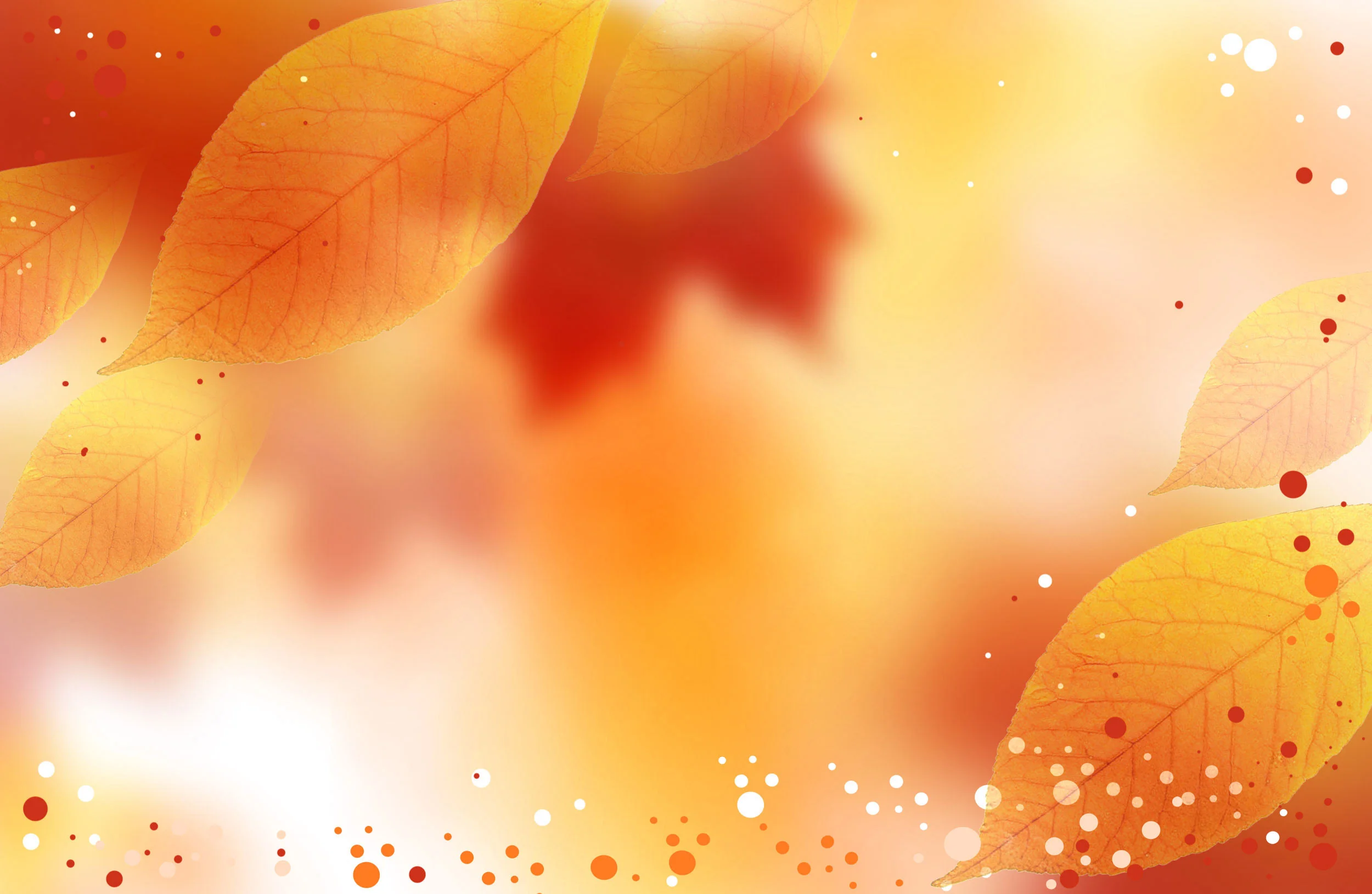 Fall colors on the background with Autumn leaves and white, orange and red  dots as spread and highlights.