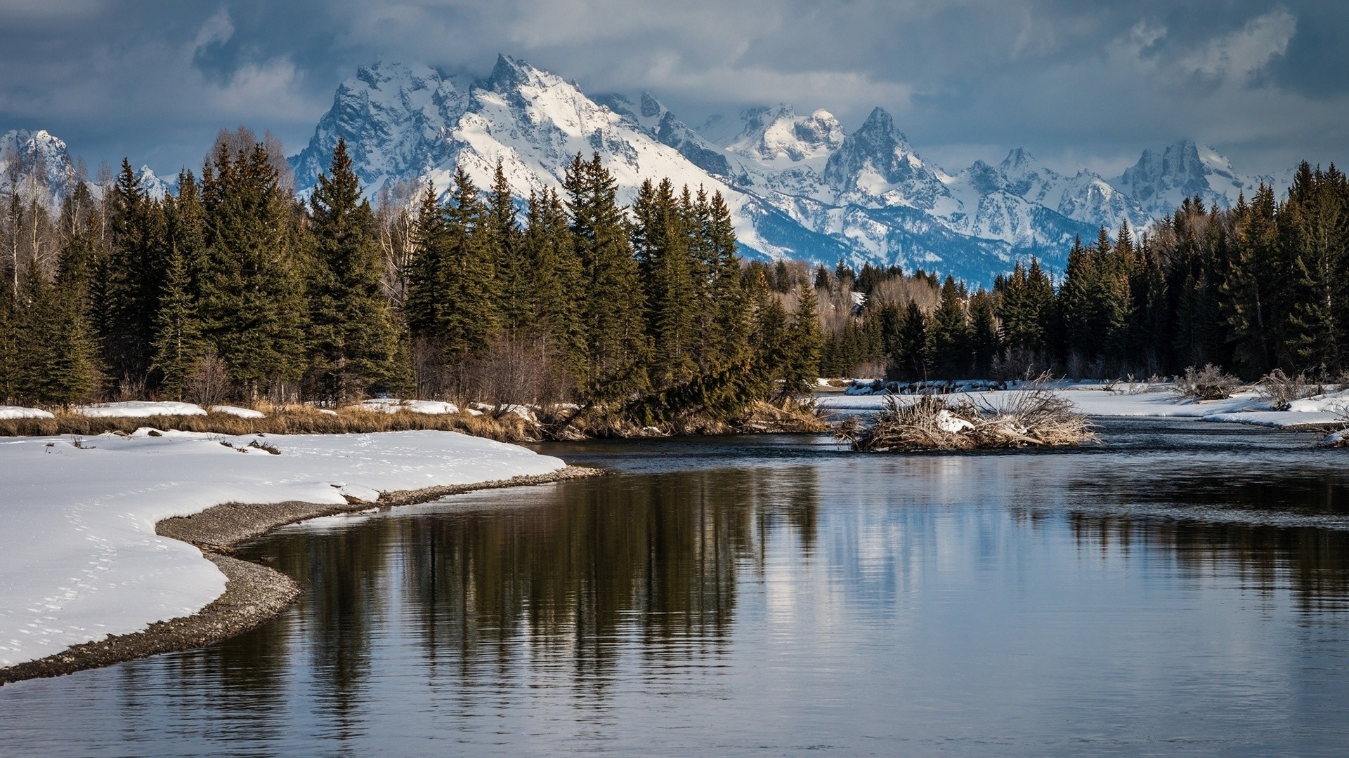 Snowy Peaks Forest River Snow