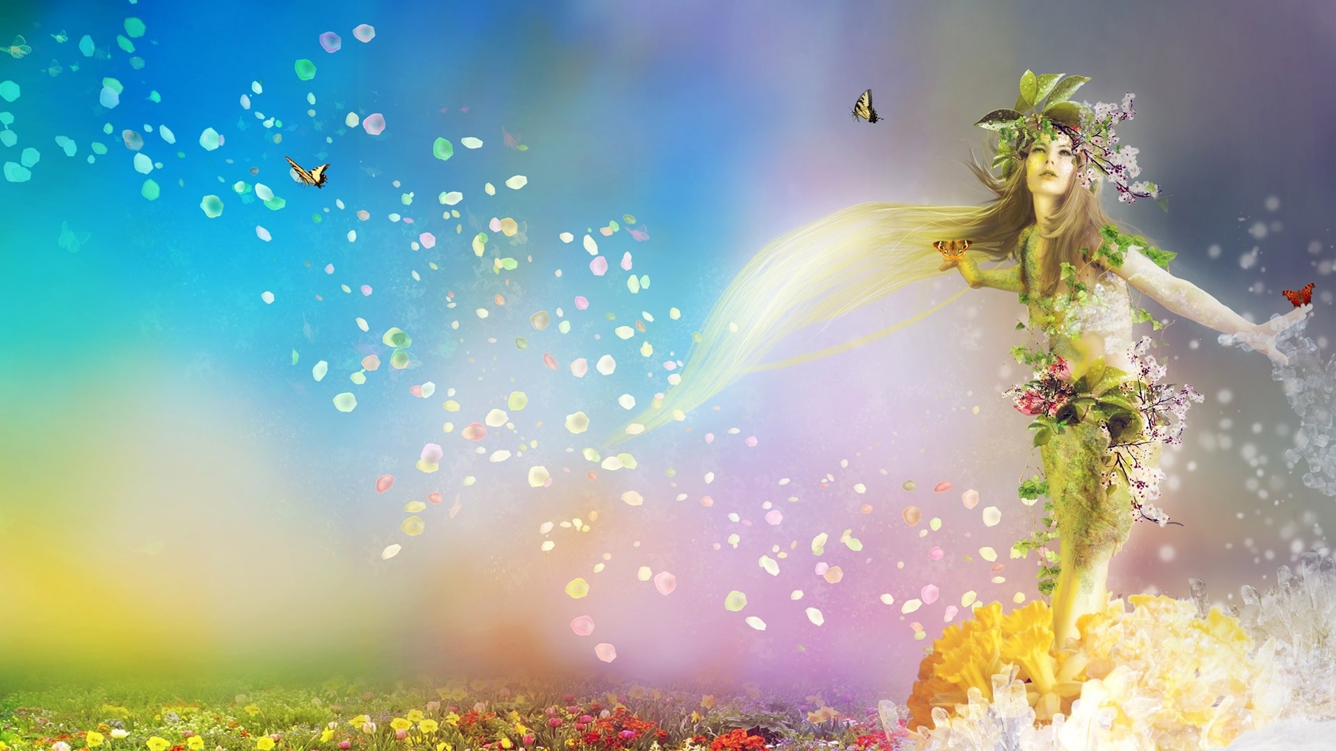 Preview wallpaper spring, nature, flowers, butterflies, girl 1920×1080