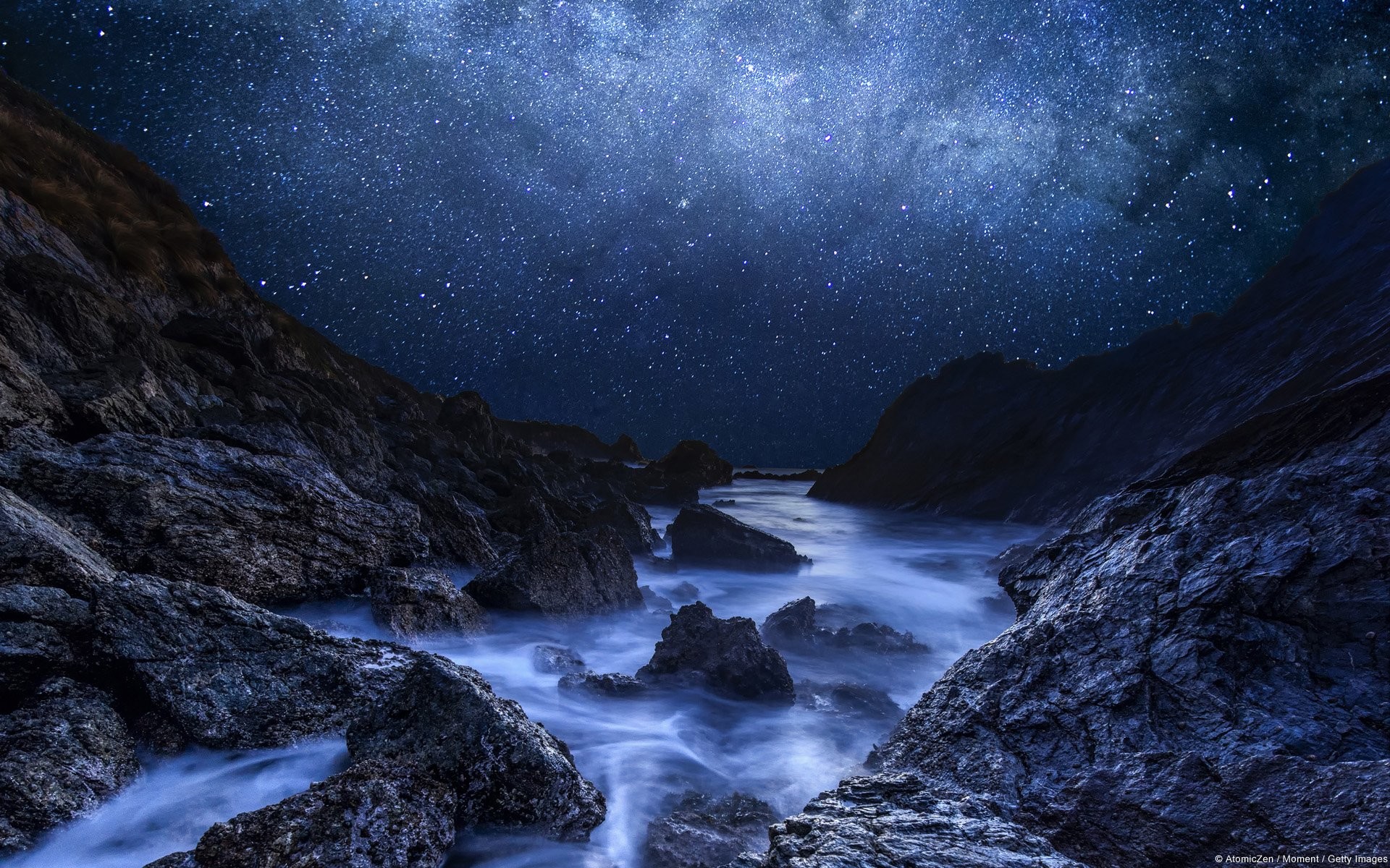 Earth – Night Earth Starry Sky Stars Winter Mountain River Rock Wallpaper