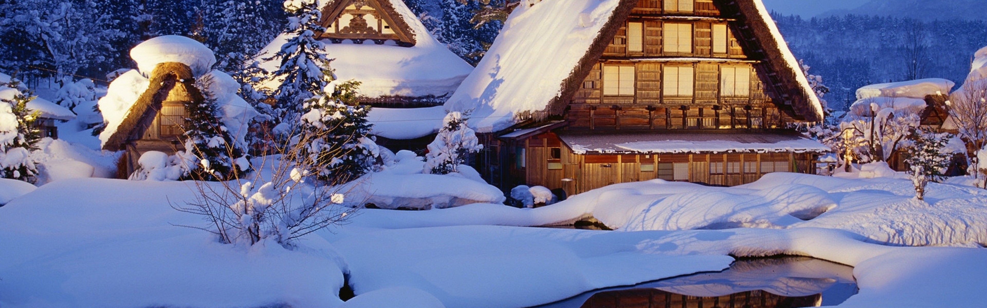 Wallpaper winter, snow, lodges, lake, light, reflection, japan