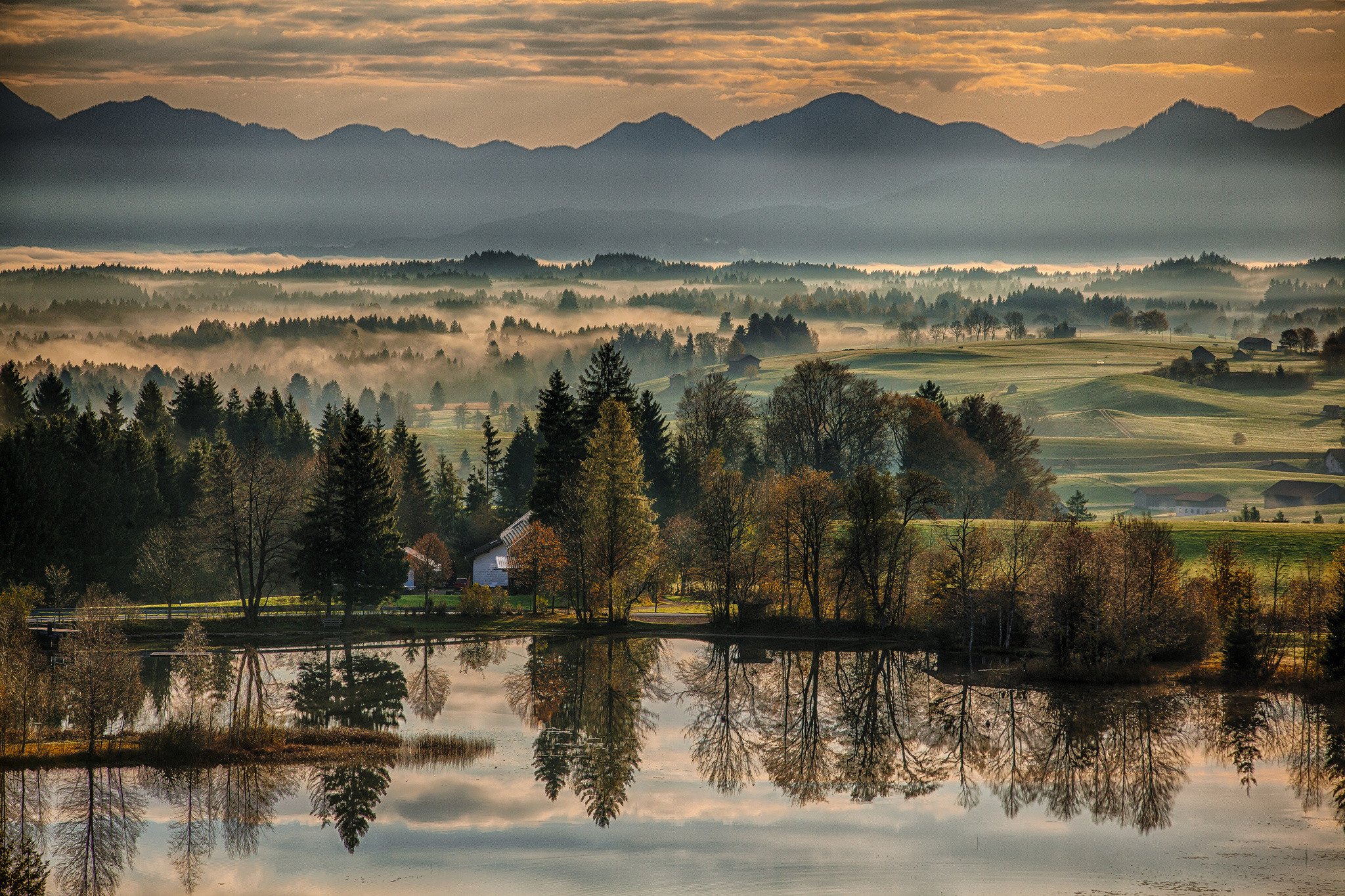 Bavaria Germany autumn river morning dawn reflection trees mountains landscape wallpaper 171726 WallpaperUP