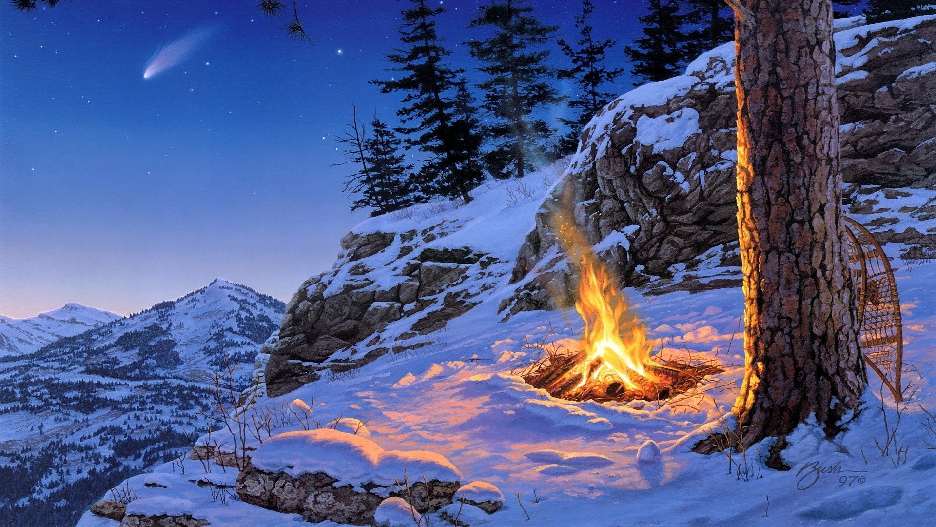 Fire on the snowy mountain wallpaper