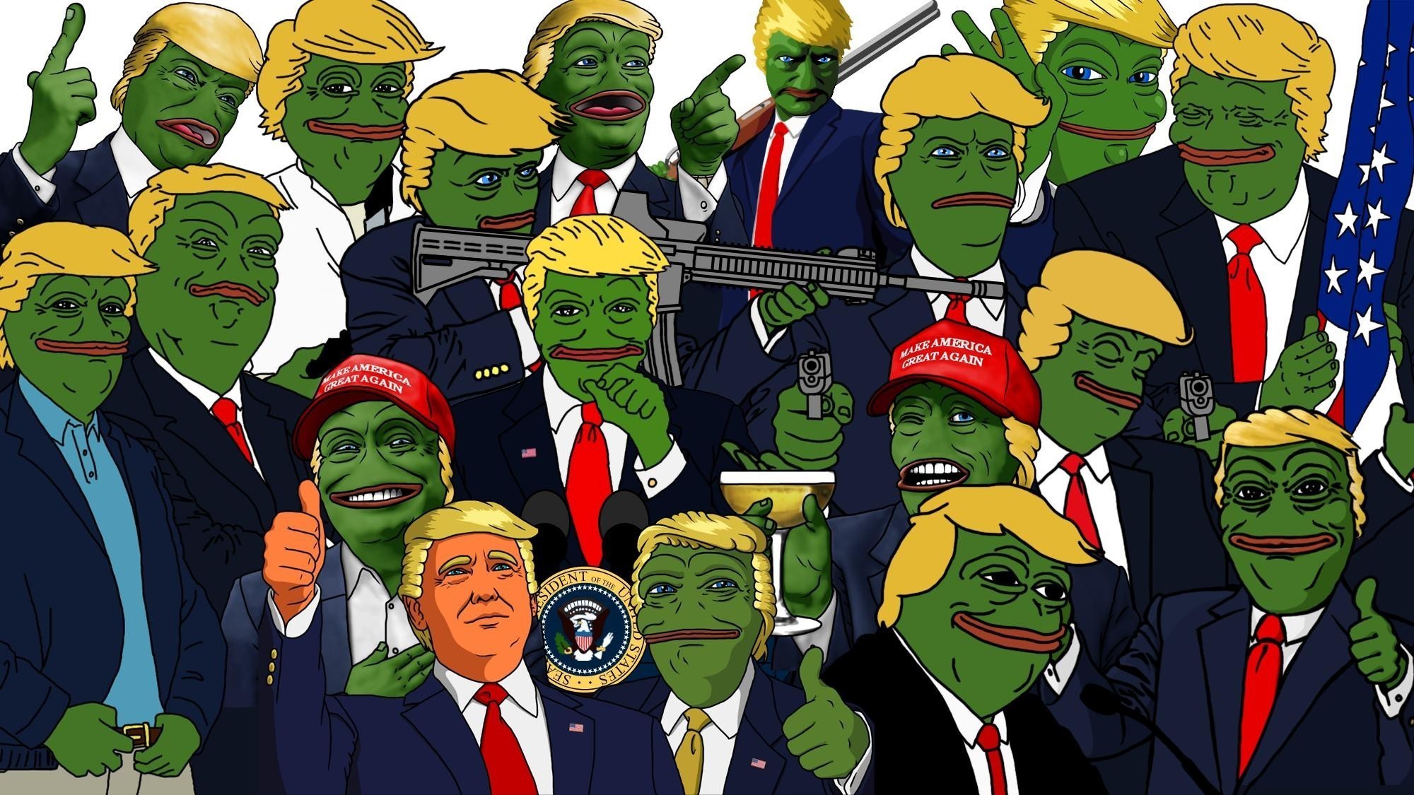 Illustration gun cartoon Donald Trump memes USA Pepe meme comics North America politics freedom Sadfrog Kek