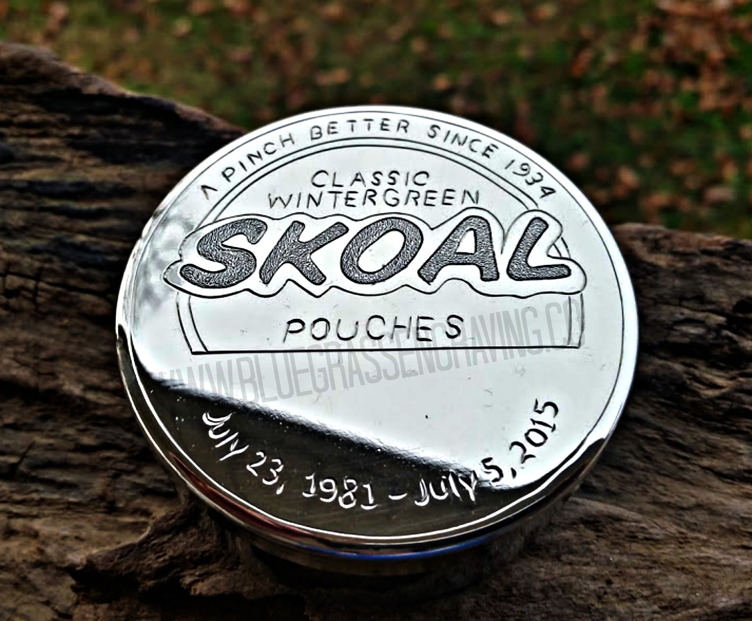 Personalized Skoal dip can, engraved with name on bottom of can. Available at www