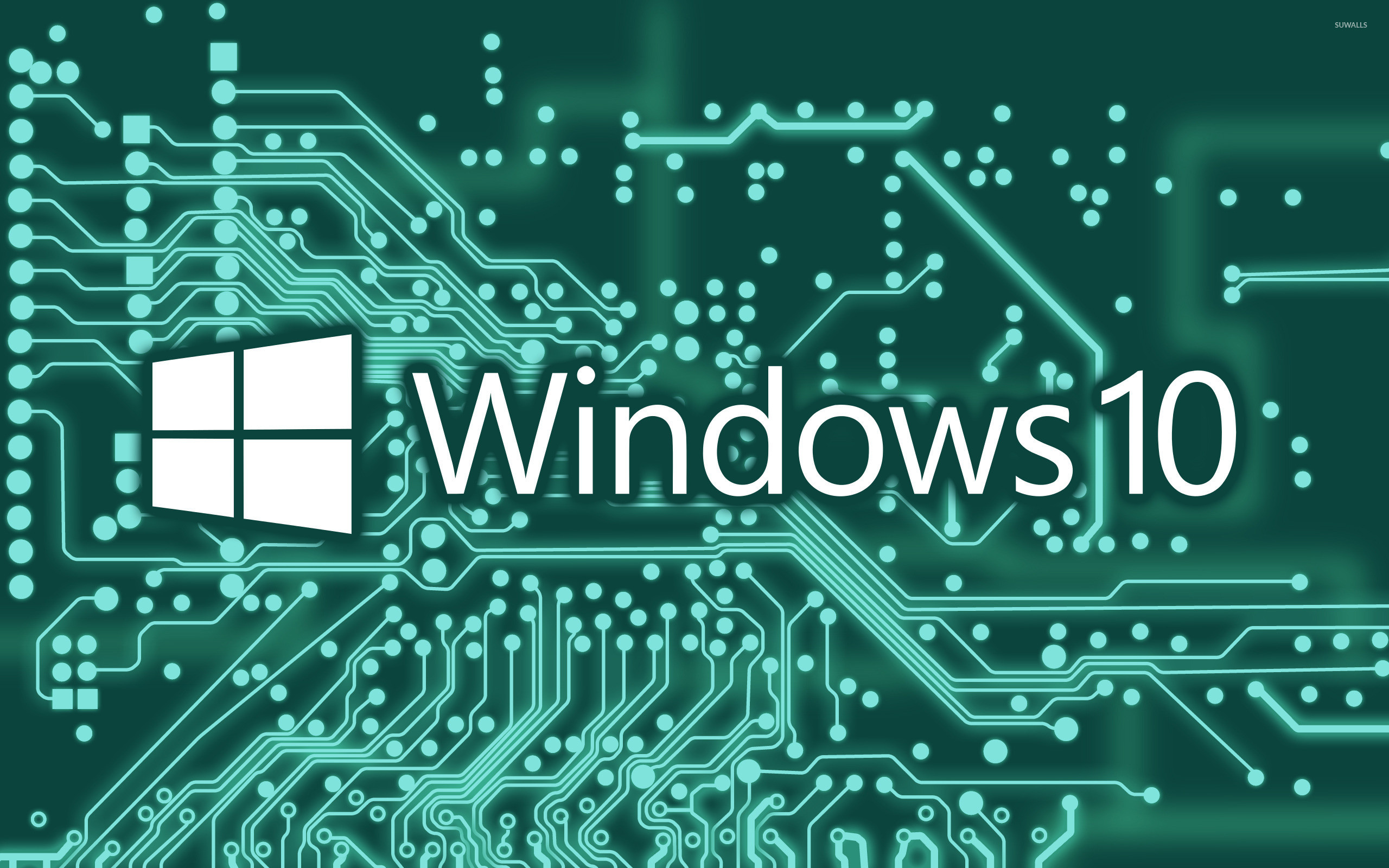 Windows 10 white text logo on a circuit board wallpaper