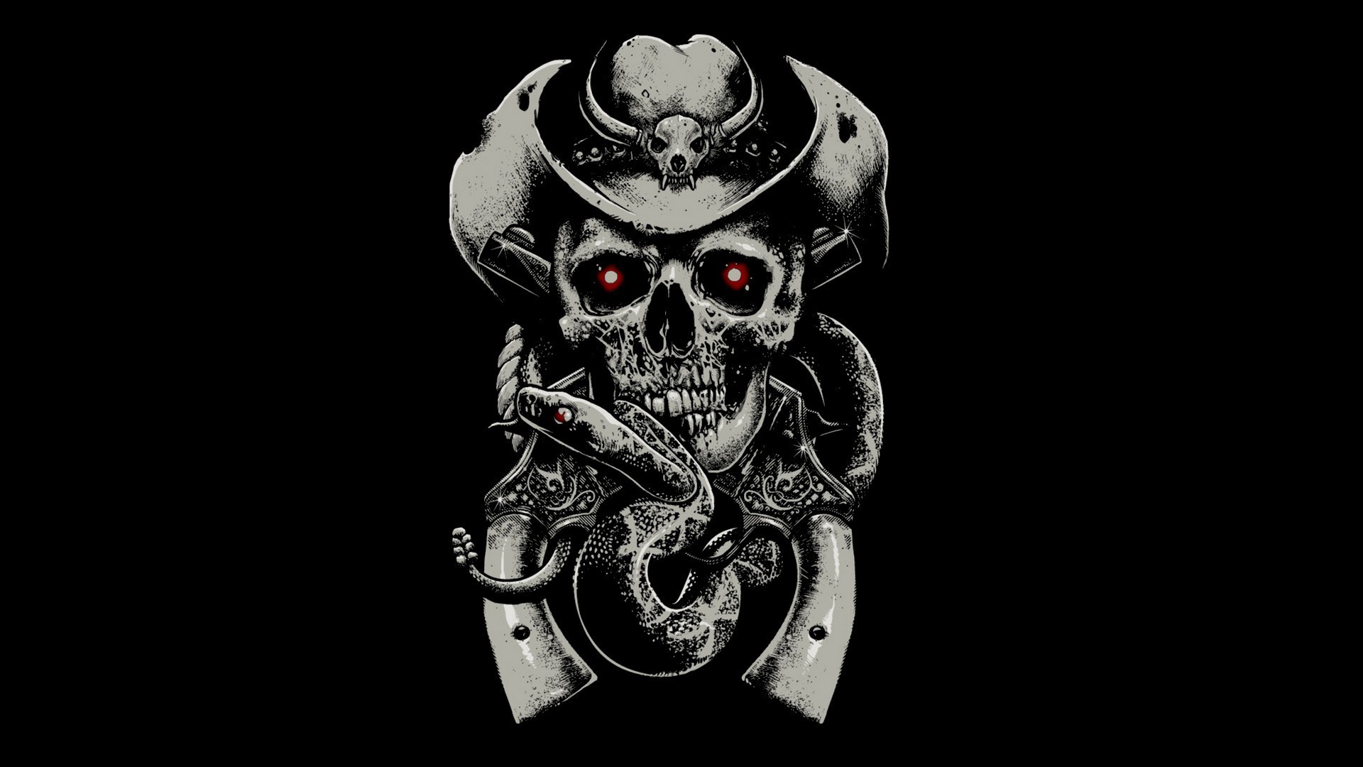 Preview wallpaper skull, fear, hat, guns, snake, background 1920×1080