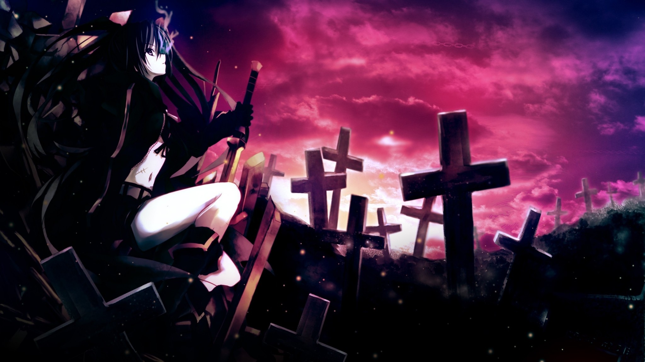Preview wallpaper anime, girl, thoughtful, sword, cemetery, darkness  2048×1152