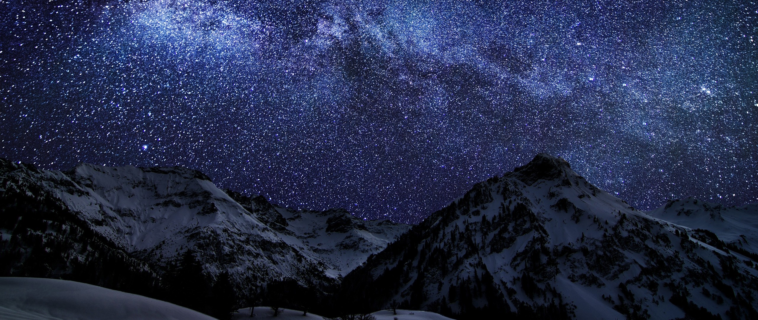 Preview wallpaper winter, sky, stars, nature, night 2560×1080