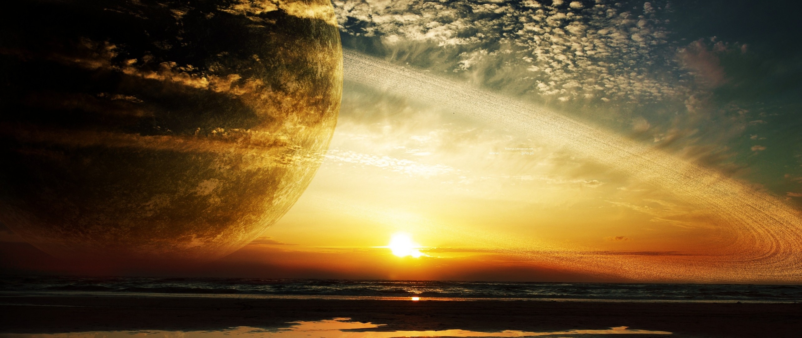 Preview wallpaper sunset, sea, rings, planet 2560×1080