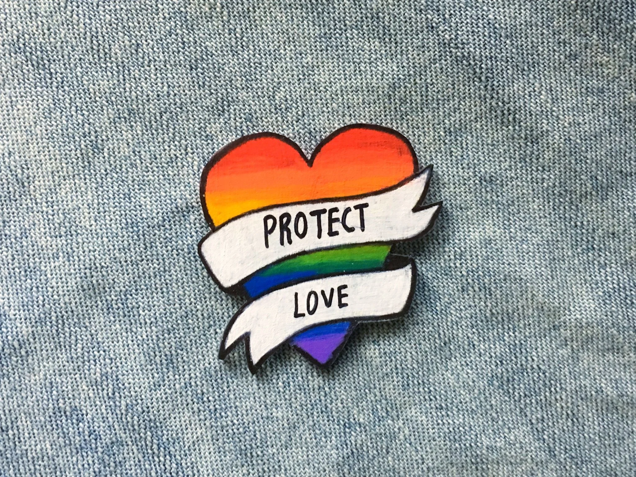 LGBT Rainbow Heart Pin with Protect Love Banner