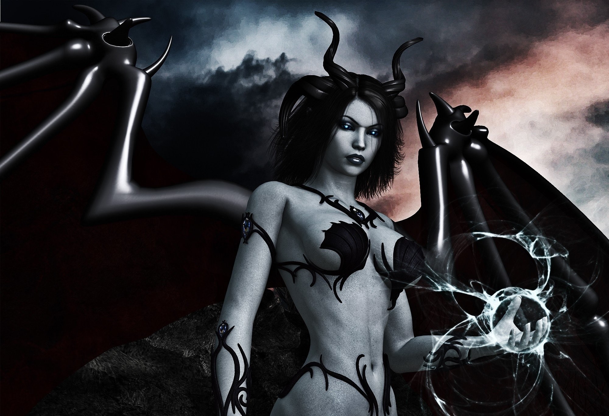 Arts Dark Wings Horns Magic Demon Girls Black Wallpaper At Dark Wallpapers