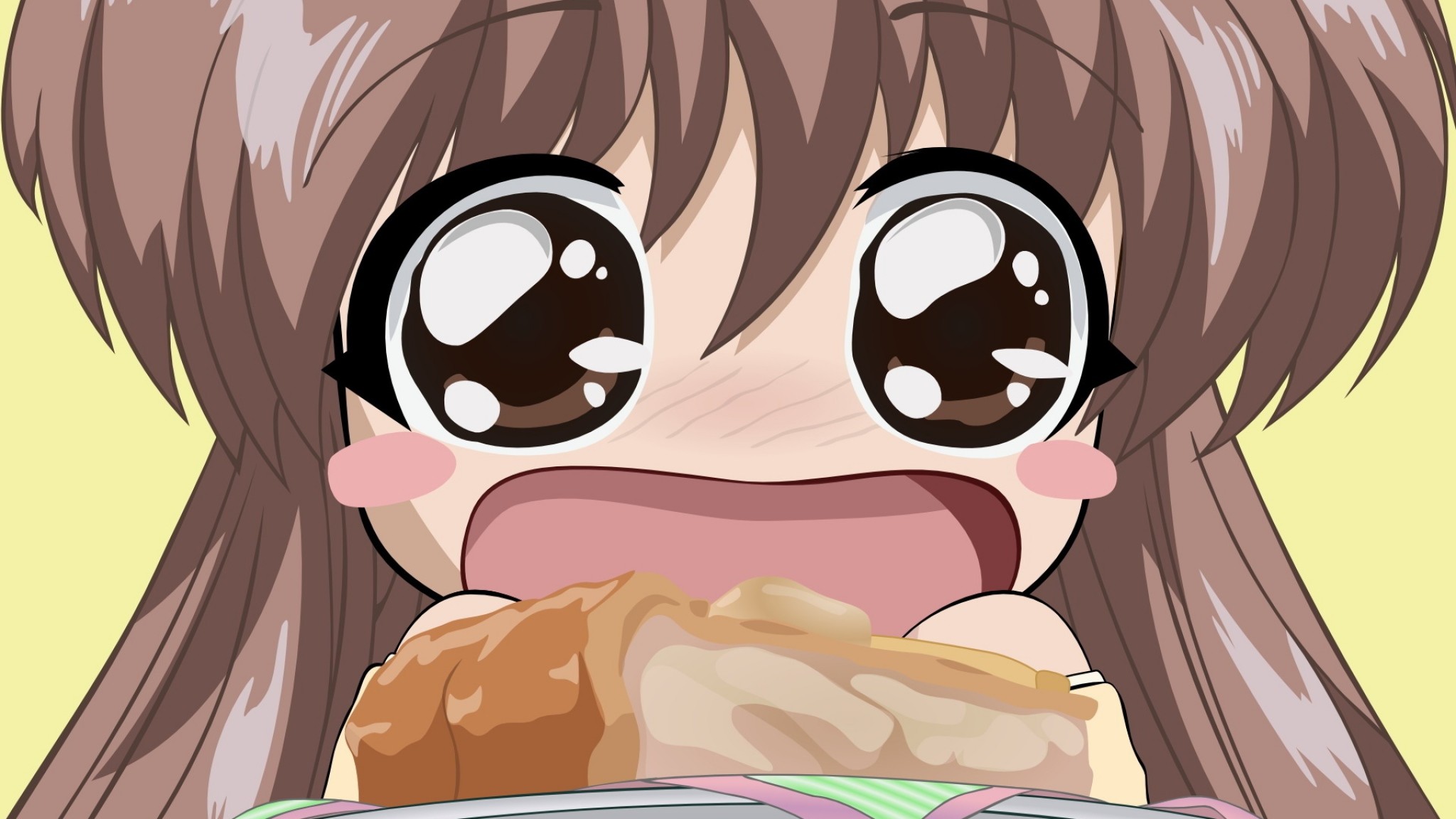 Preview wallpaper kawaii pie, girl, big eyes, sandwich, appetite, background 2048×1152