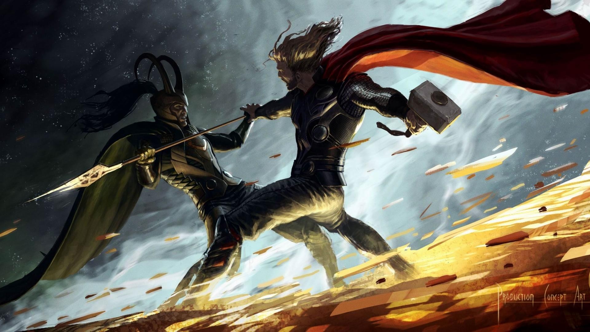 Preview wallpaper thor, fan art, battle, hammer, cloak 1920×1080