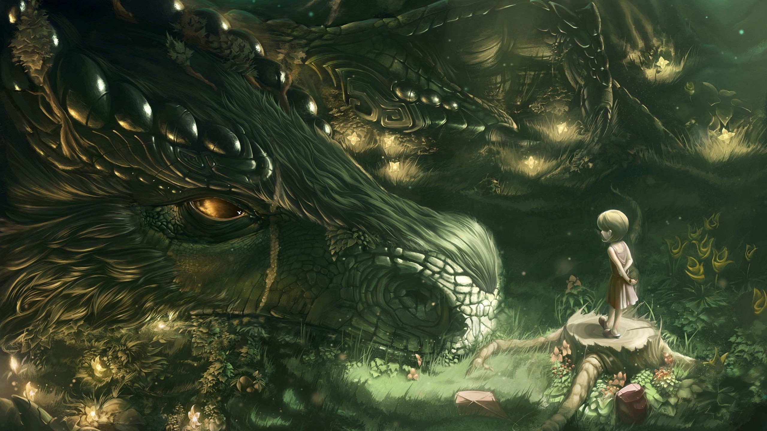 Preview wallpaper dragon, girl, forest, art 2560×1440