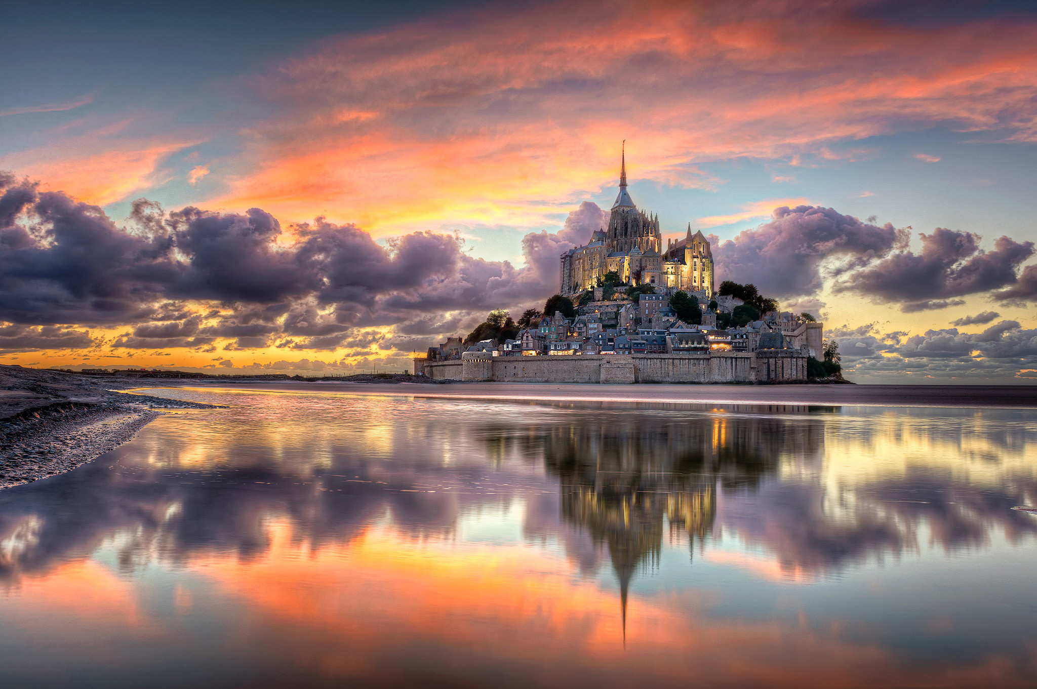 View Of Majestic Castles Mont Saint-Michel At sunset From Normandy beach  photo hd wallpaper