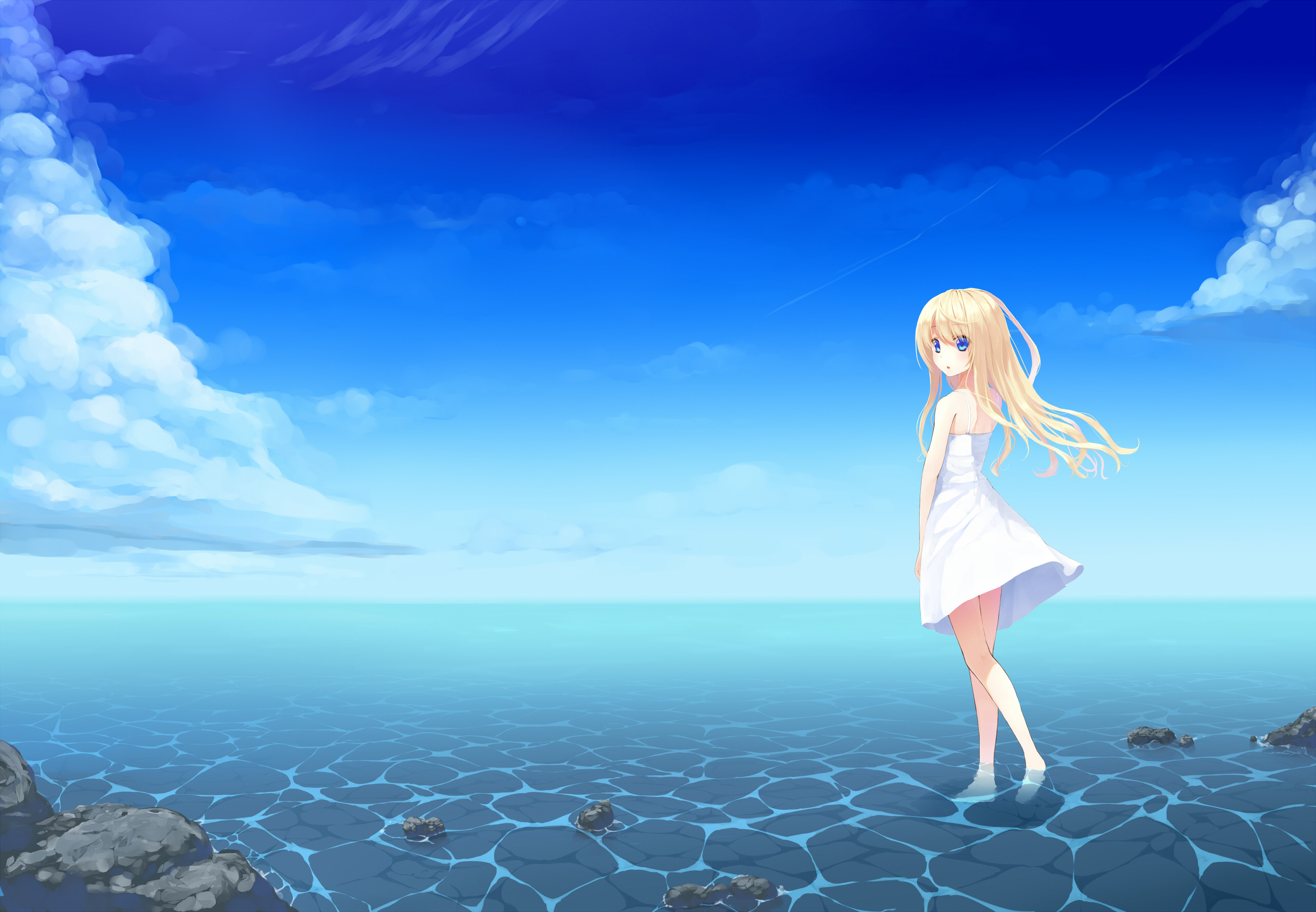 Blonde hair blue eyes clouds dress original sky uttt water