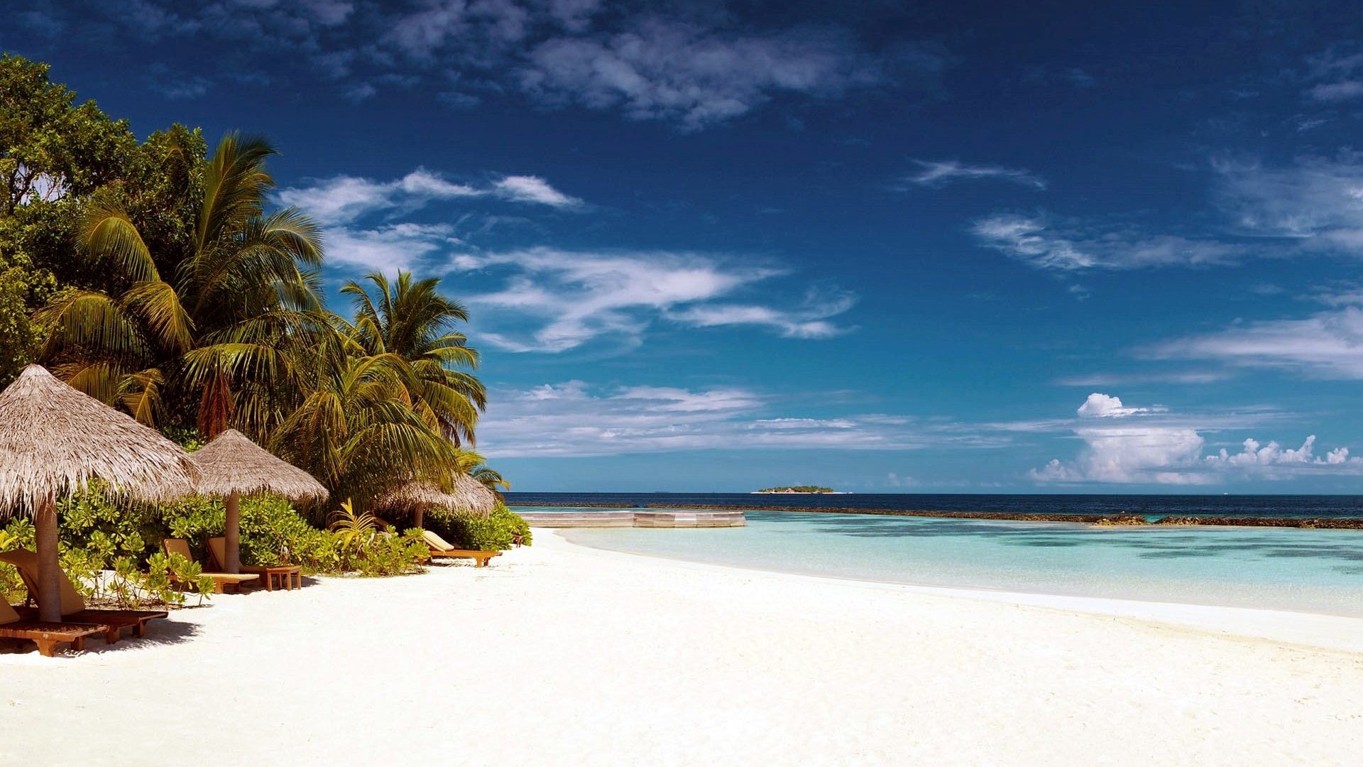 Color – White Sand Beach Sunshades Sky Beautiful Sea Tropical Summer Palm Caribbean Clouds