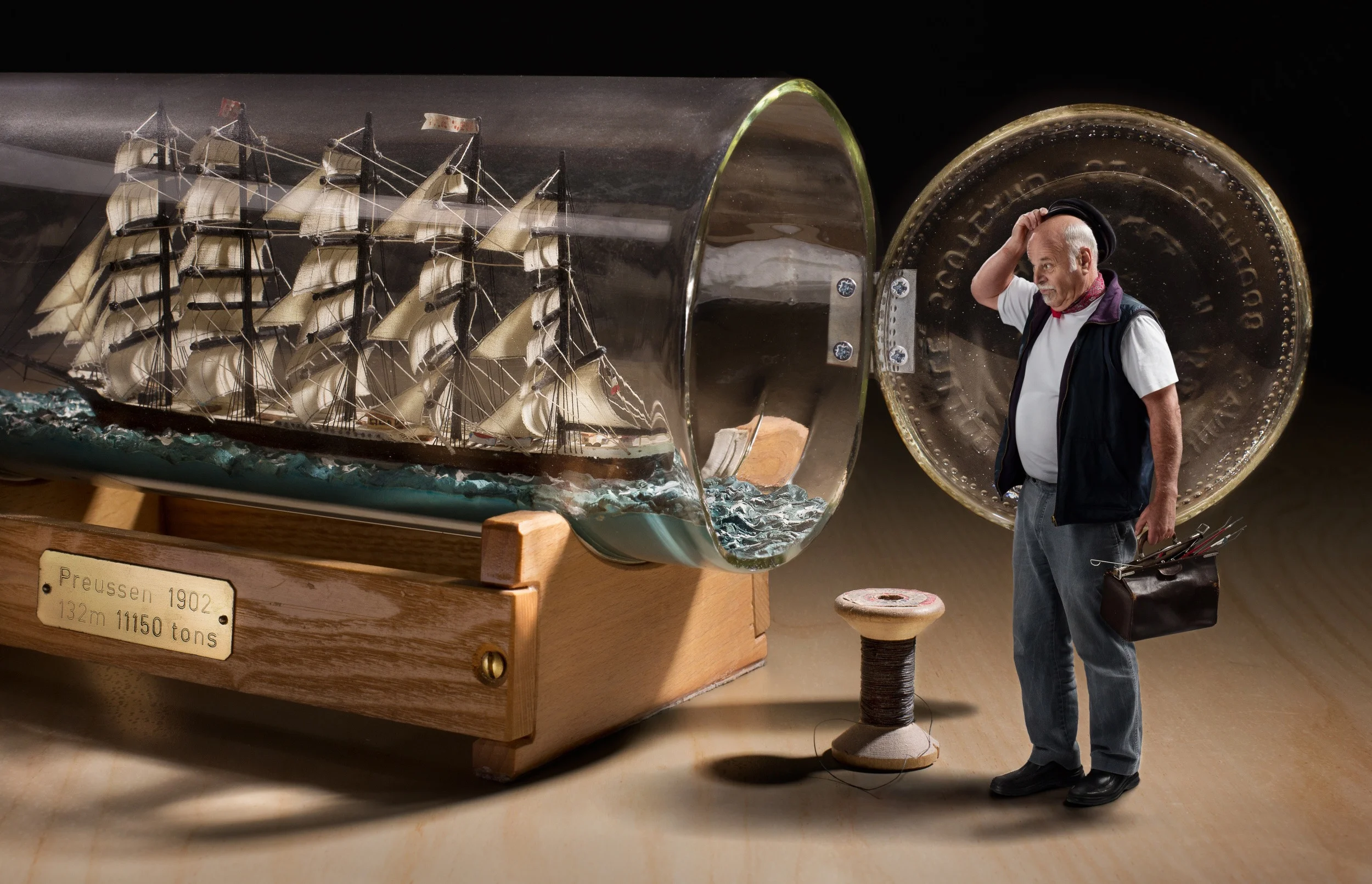 Sailboat, bottle, old man, explorers, ship, Bobbins, creative design,