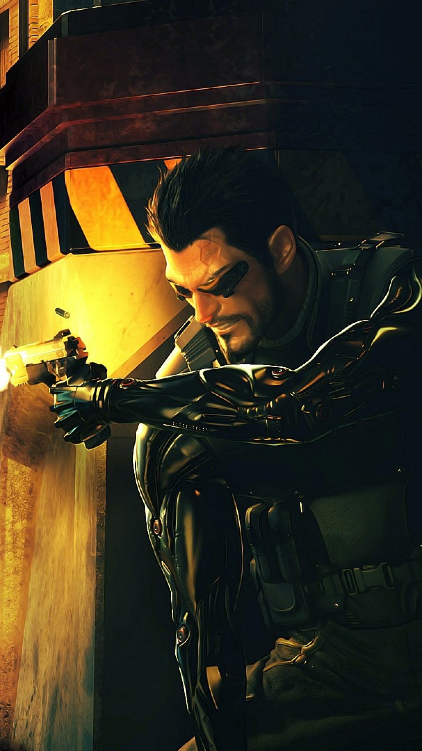 Preview wallpaper deus ex, adam jensen, police, shooting, robot 1440×2560