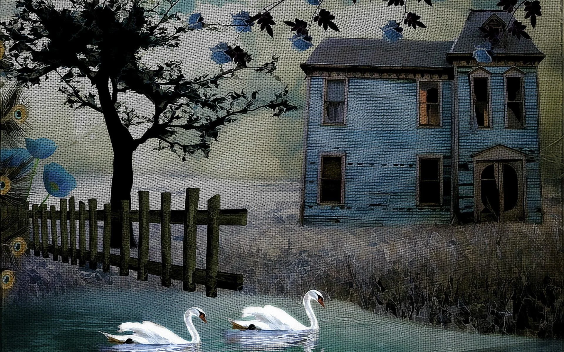 Painting Art Texture Rustic Birds Swan Fence House Buildings Architecture Trees HD Background