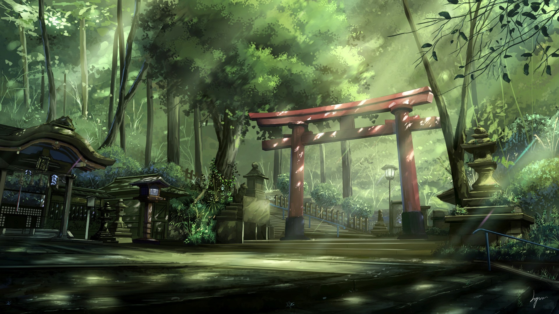 Anime anime landscape torii sun rays forest Asian architecture  steps trees
