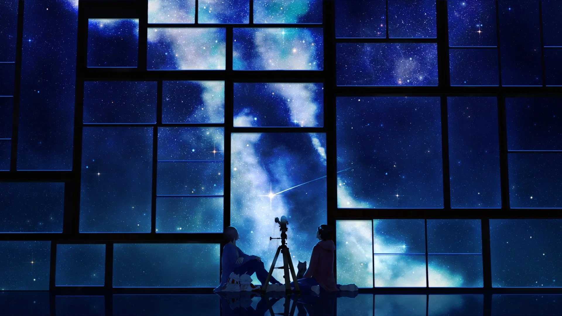 Preview wallpaper tamagosho, sky, stars, telescope, night, window 1920×1080