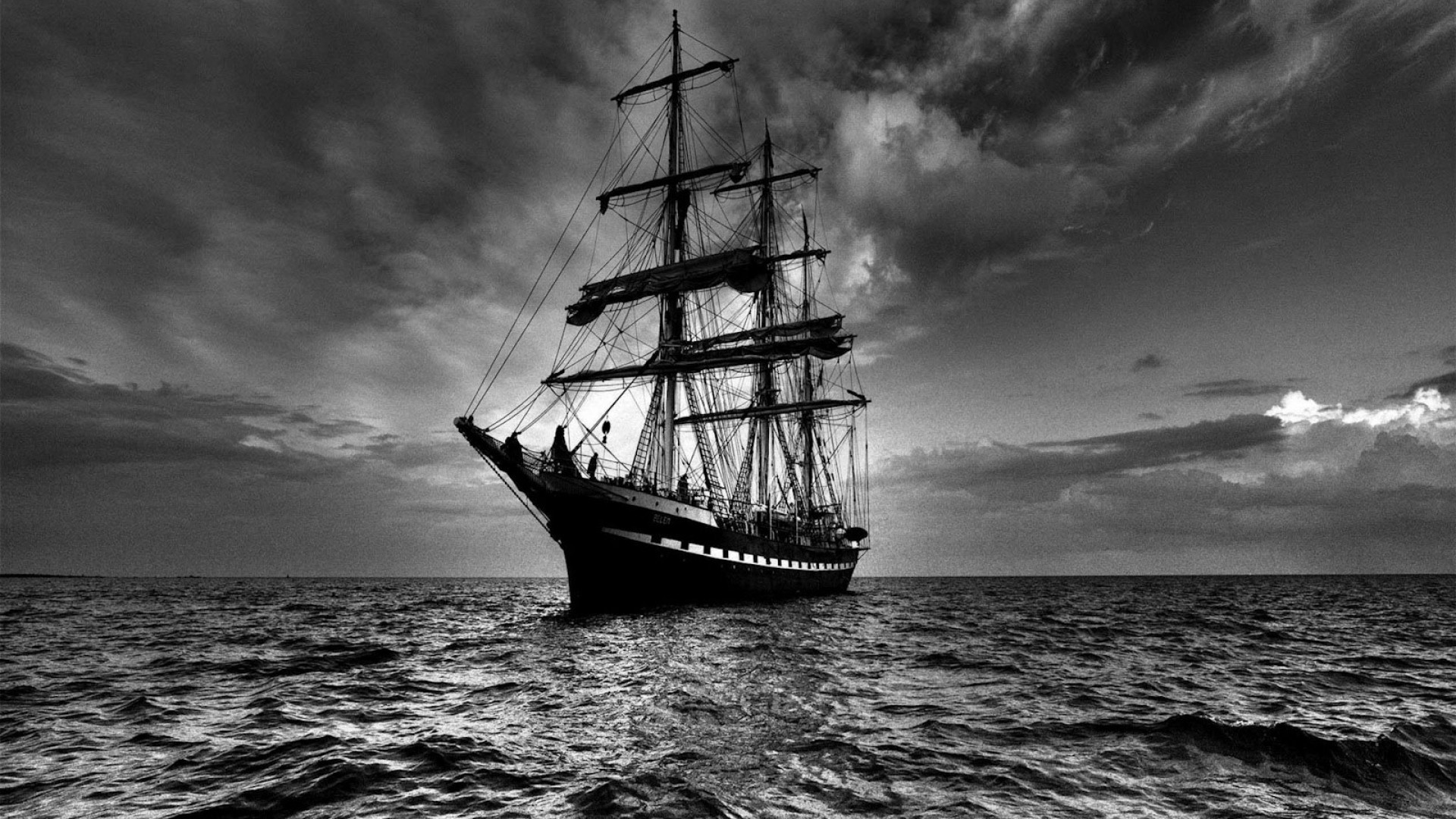 Preview wallpaper ship, sea, sail, storm, black white 1920×1080