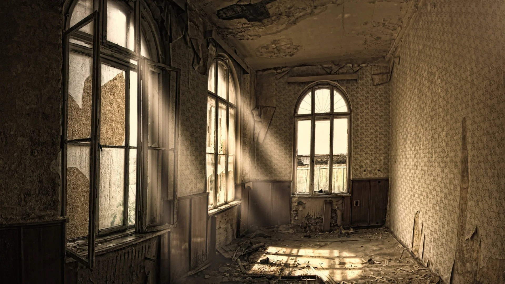 Preview wallpaper building, old, room, ruin, windows 1920×1080