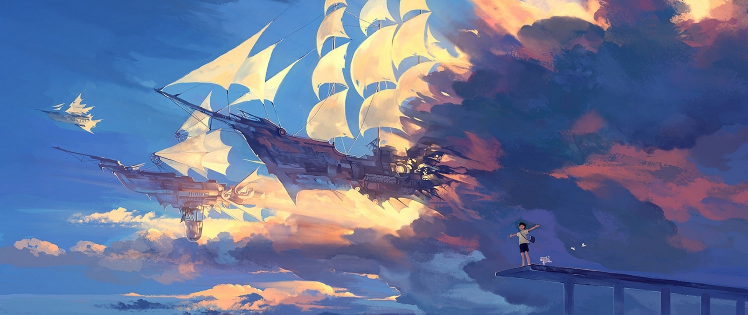 Wallpaper hanyijie, sky, scenery, ship, anime, art