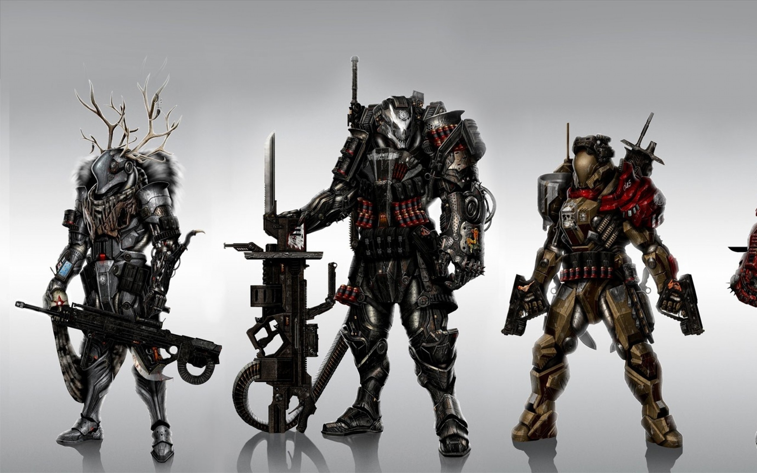 Soldiers skulls pistols guns spartan futuristic team samurai horns shotguns weapons fur sniper rifle Wallpaper HD