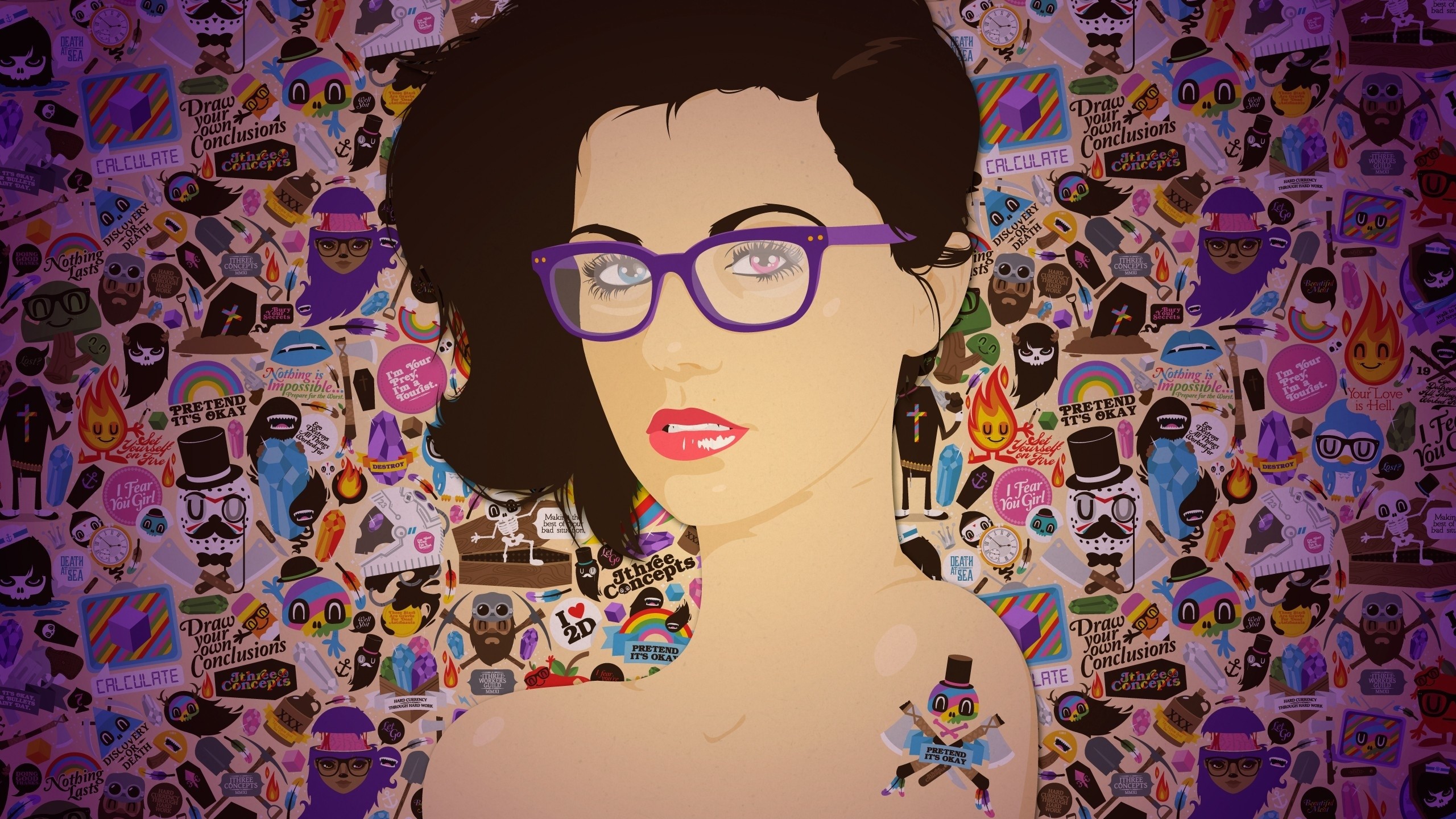 Wallpaper girl, glasses, face, makeup, background, colorful