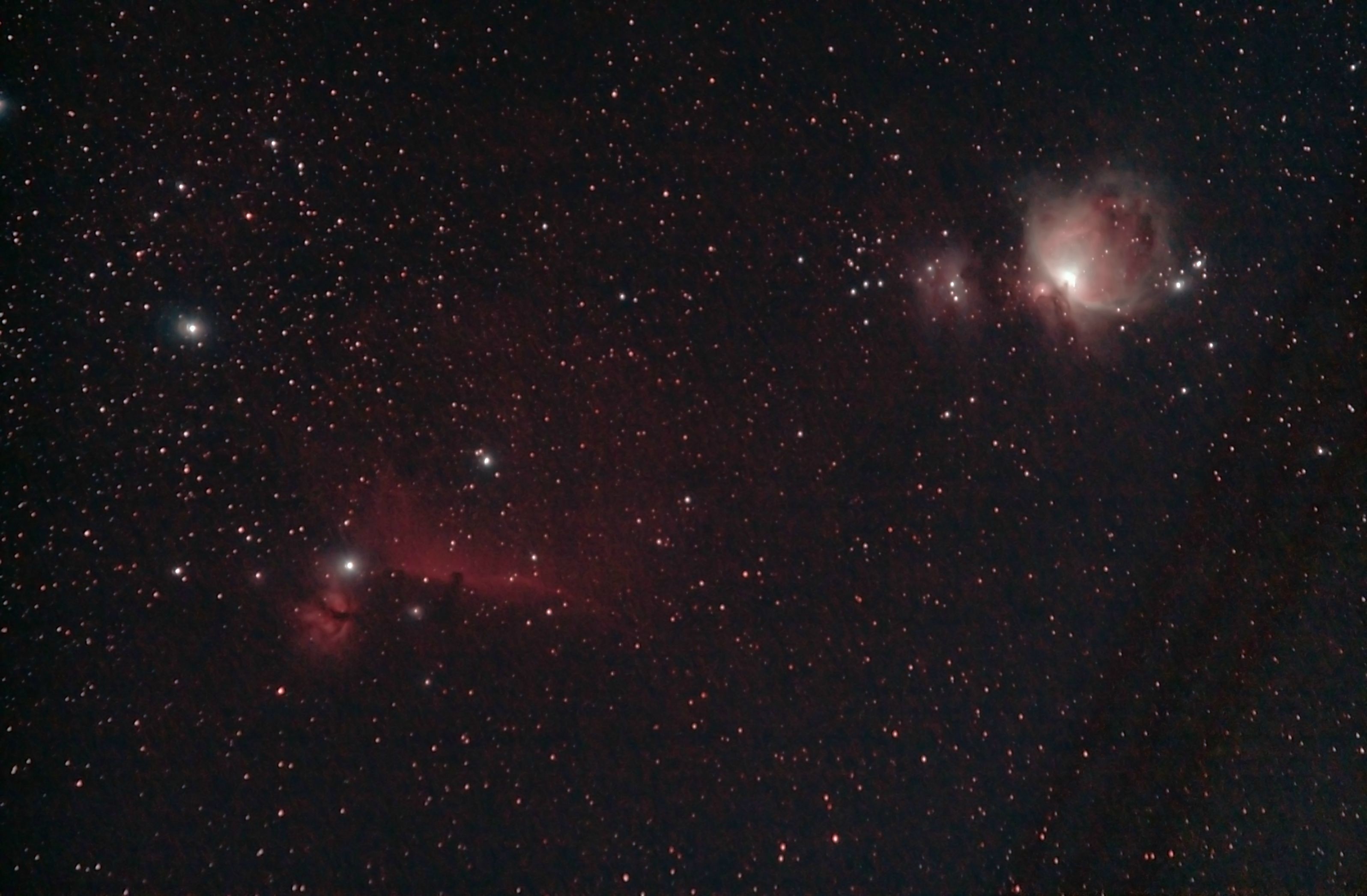 The faint redish stuff connects the horsehead, flame and orion nebula