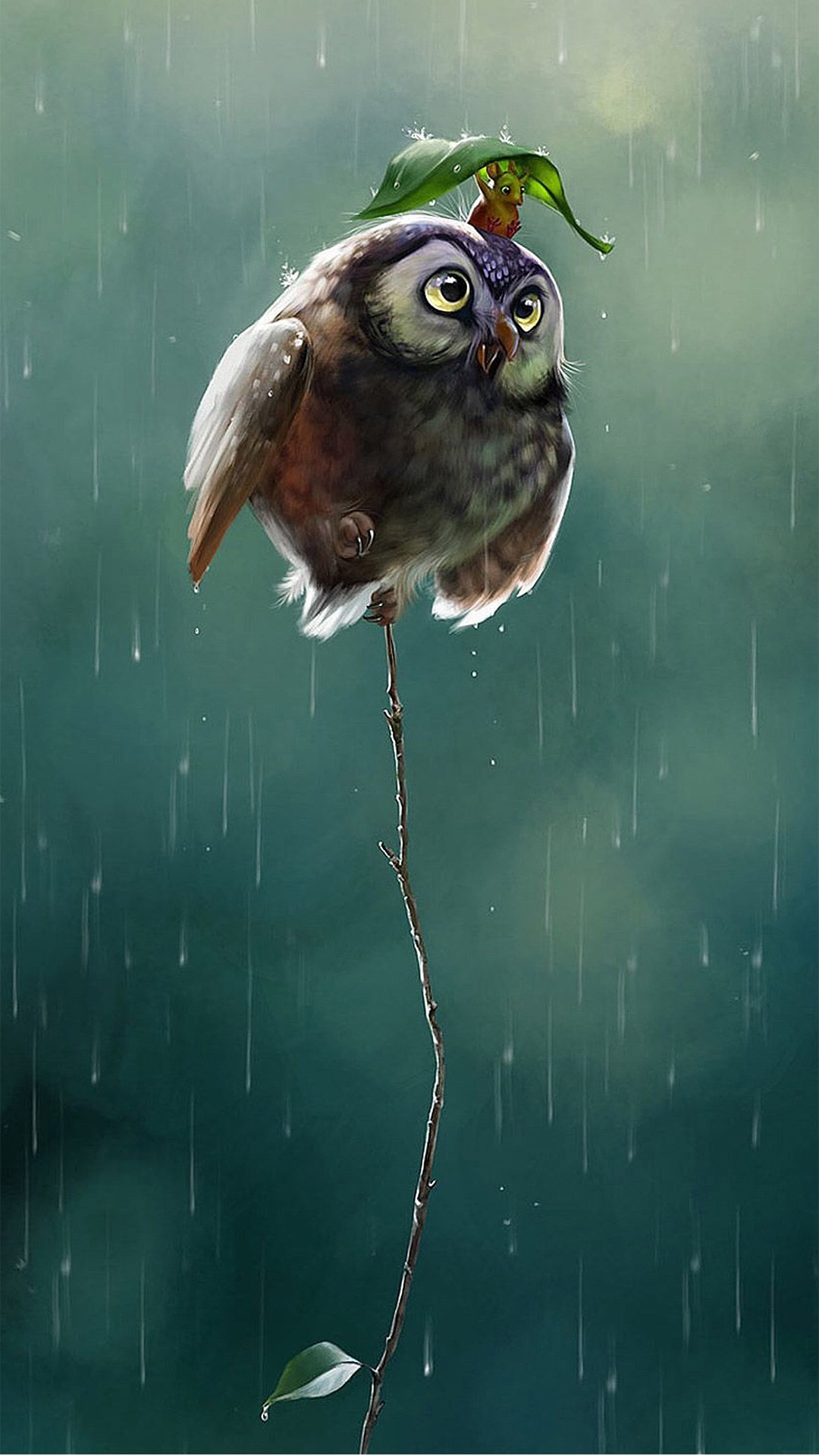 Cute Owl Flying High Rainy Day Covering Leaf iPhone 8 wallpaper