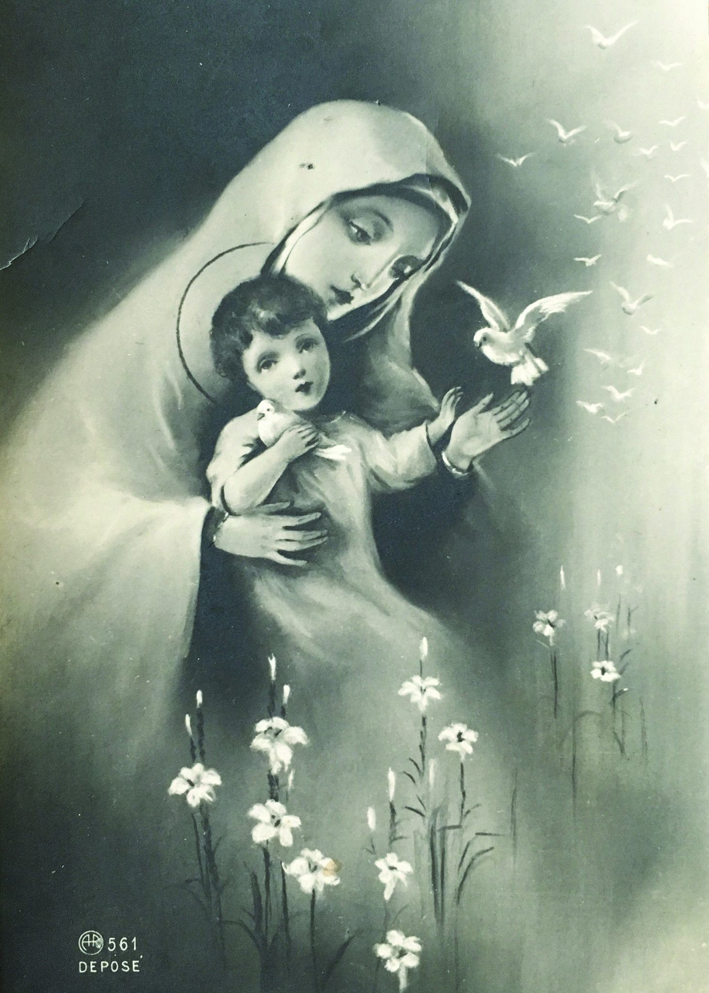Blessed Mother with the Child Jesus Black/White Print 5X7