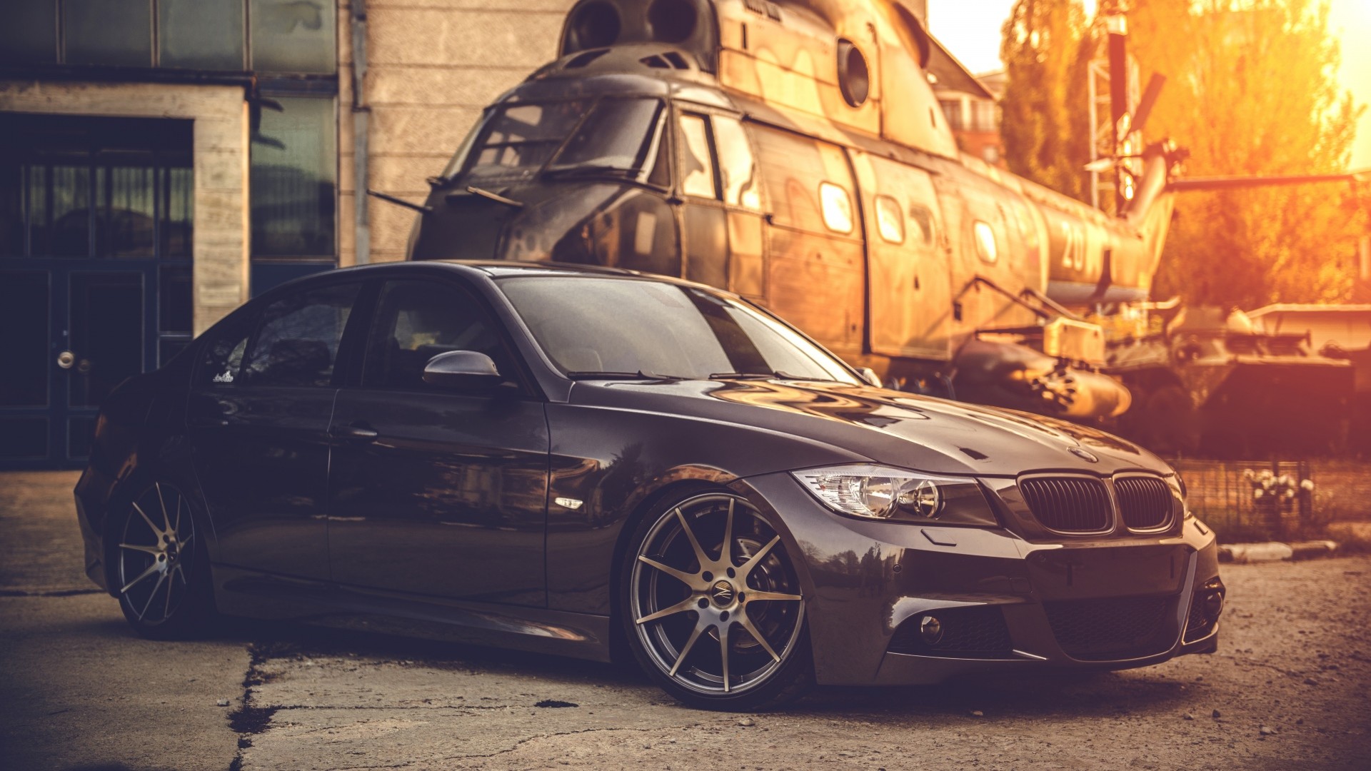 Preview wallpaper bmw, e90, deep concave, black, helicopter 1920×1080