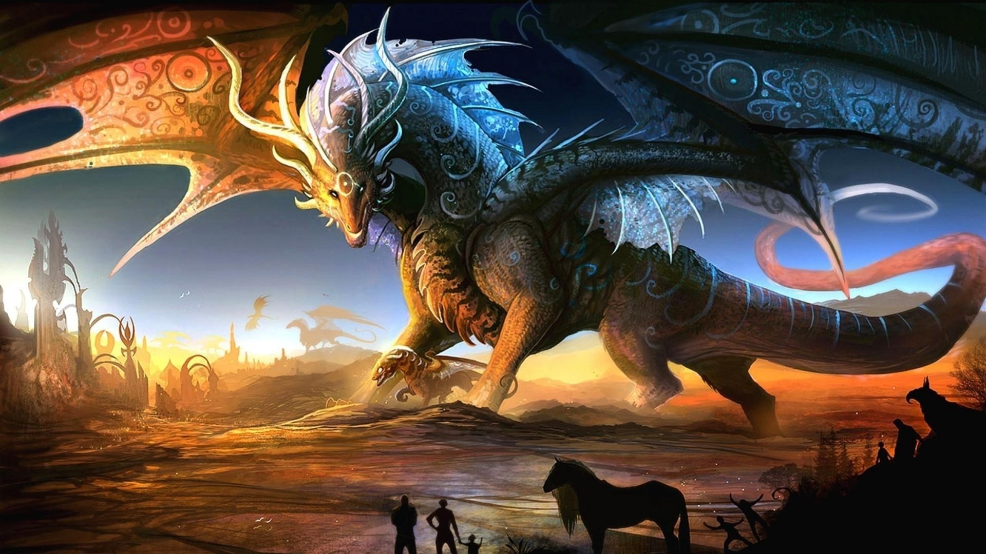 Preview wallpaper dragons, mother, cub, people, animals, sunset 1920×1080