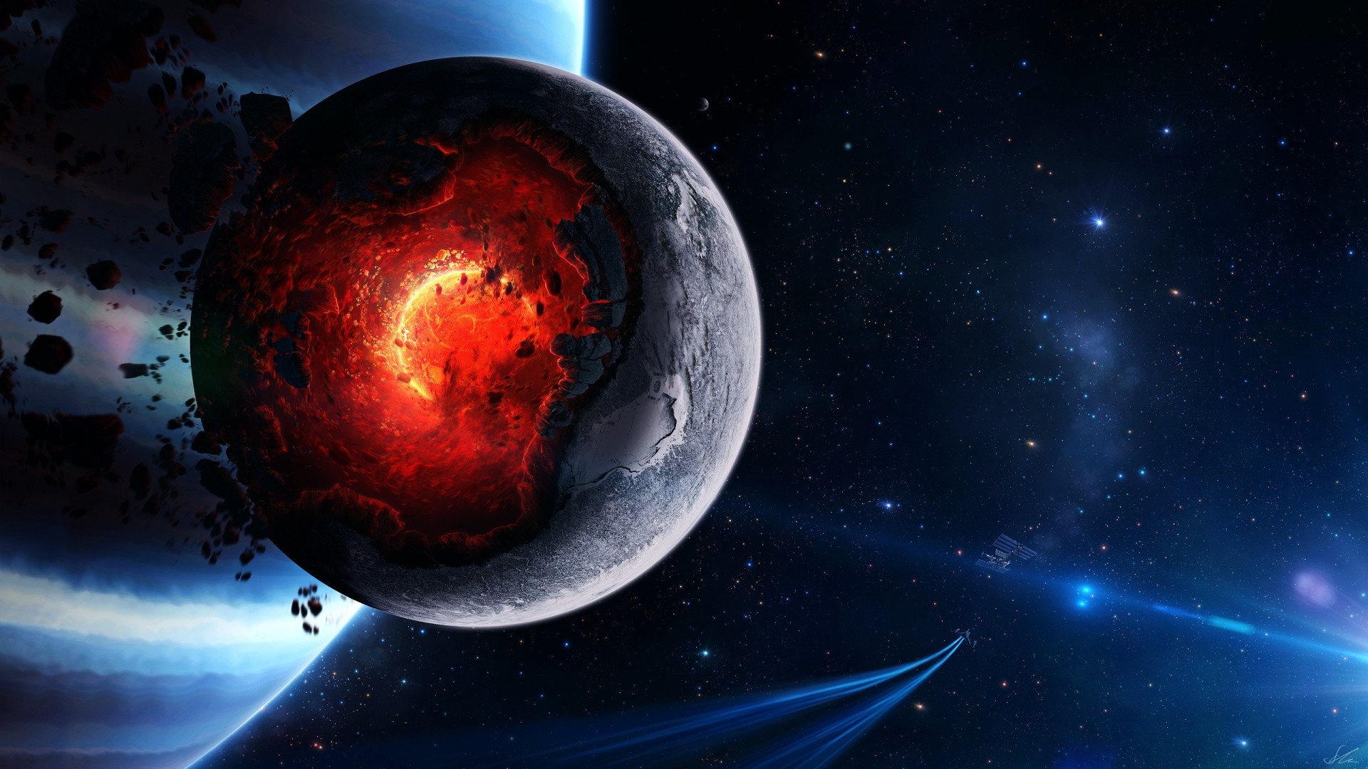 Preview wallpaper space, cataclysm, planet, art, explosion, asteroids, comets,