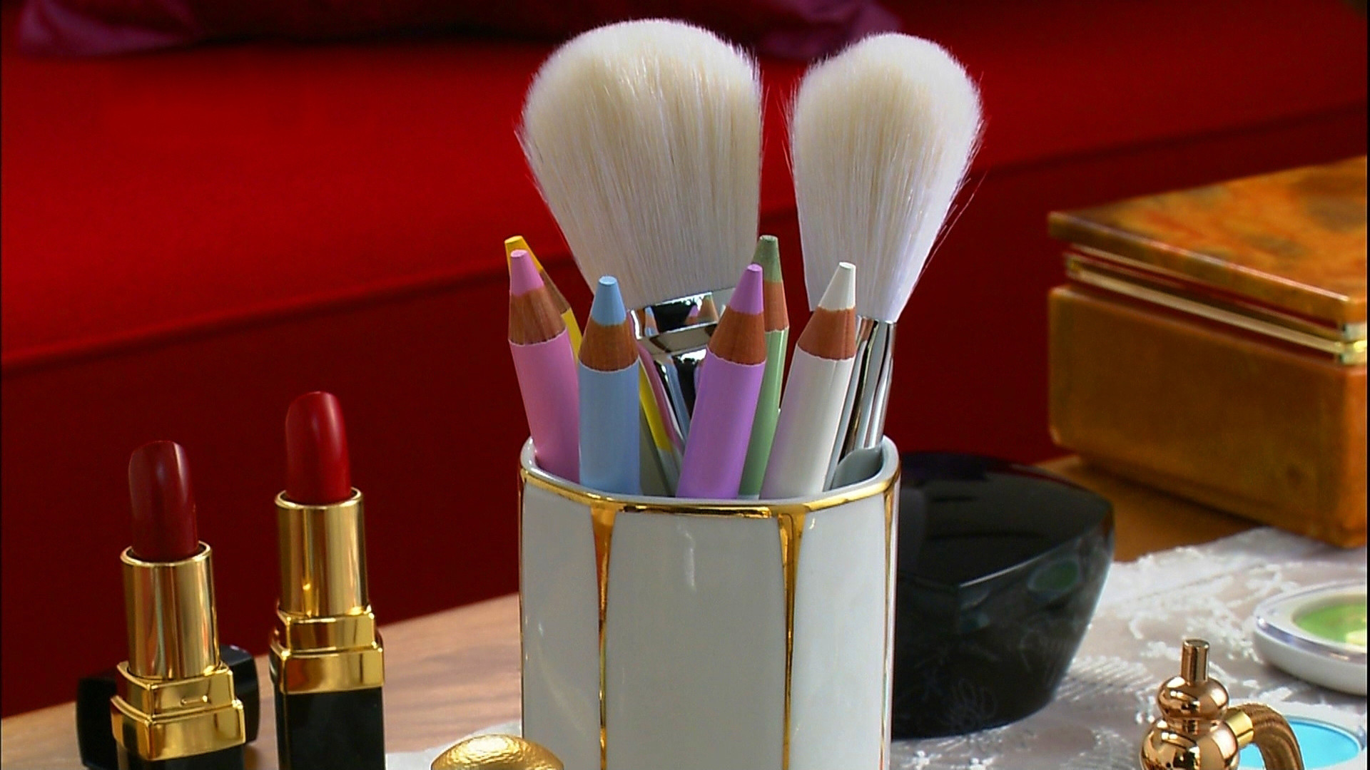 Makeup, brush, pencil, lipstick, color