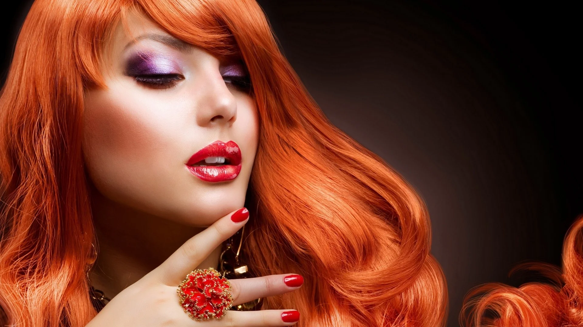 Preview wallpaper girl, red hair, makeup, manicure, face 1920×1080