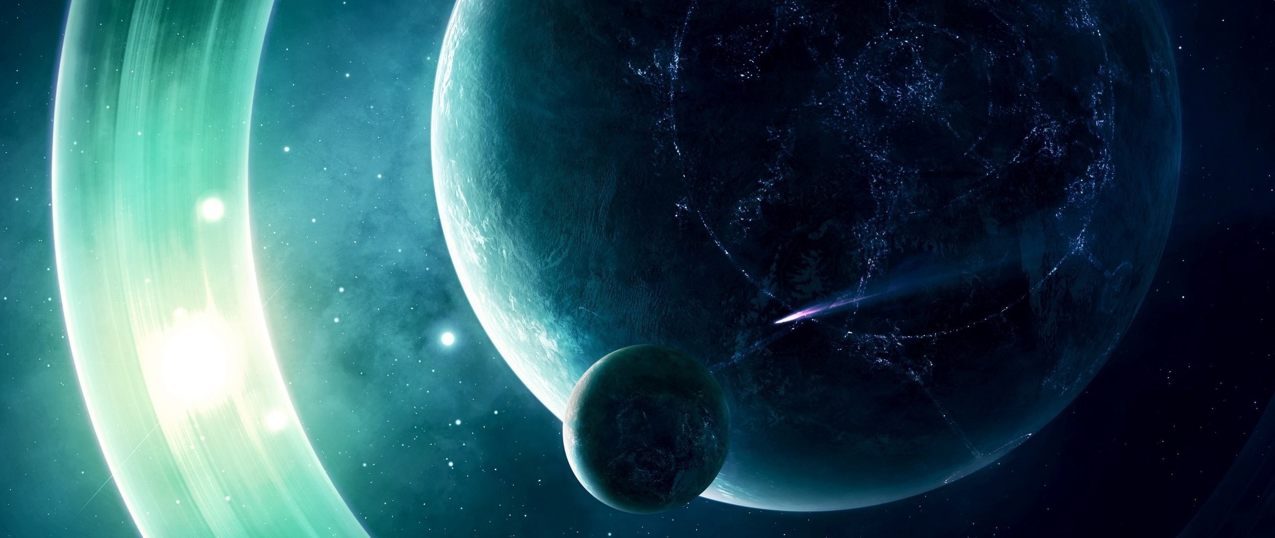 Preview wallpaper space, planet, light 2560×1080
